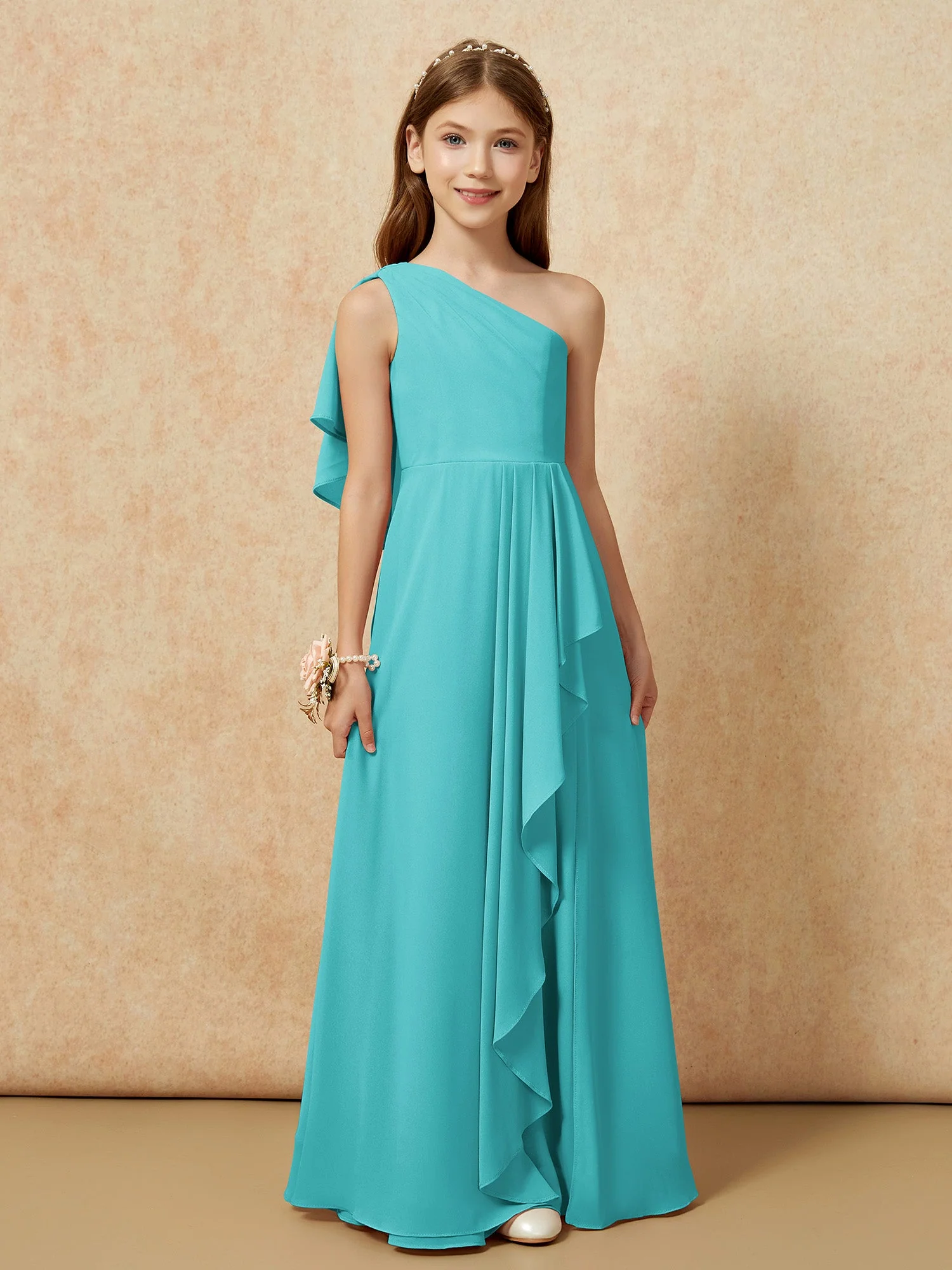 Eine Schulter A-Linie Lang Chiffon Junge Brautjungfernkleider Jade - Image 4