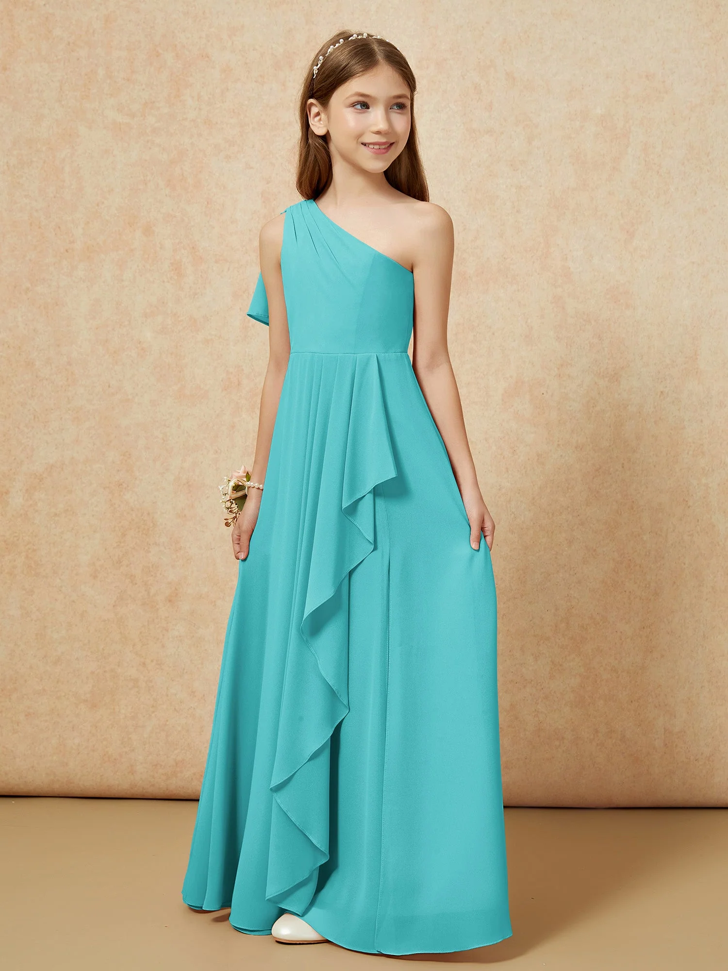 Eine Schulter A-Linie Lang Chiffon Junge Brautjungfernkleider Jade - Image 5