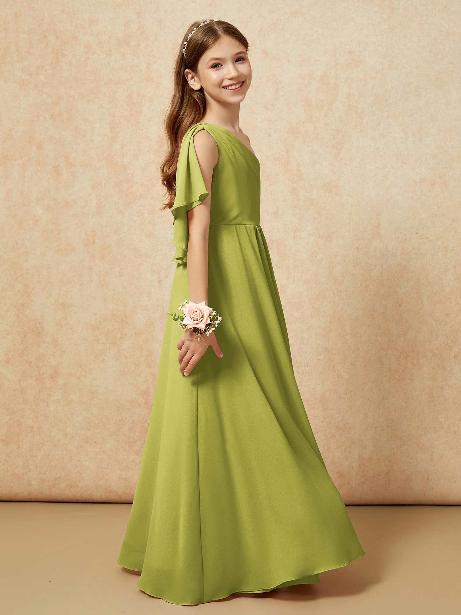 Eine Schulter A-Linie Lang Chiffon Junge Brautjungfernkleider Kleegrün - Image 2