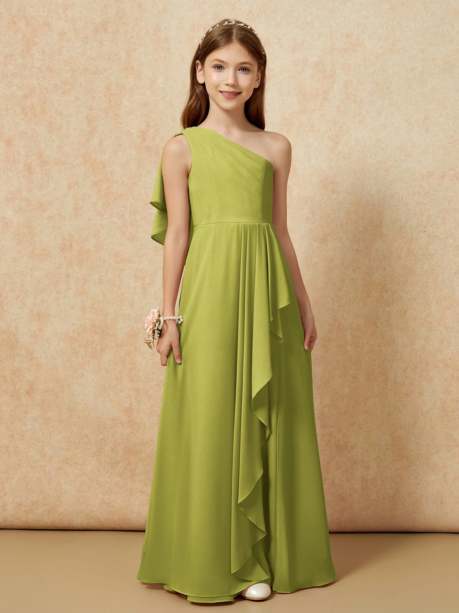 Eine Schulter A-Linie Lang Chiffon Junge Brautjungfernkleider Kleegrün - Image 4