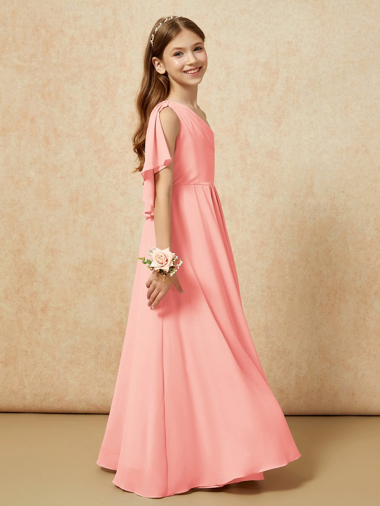 Eine Schulter A-Linie Lang Chiffon Junge Brautjungfernkleider Koralle - Image 2