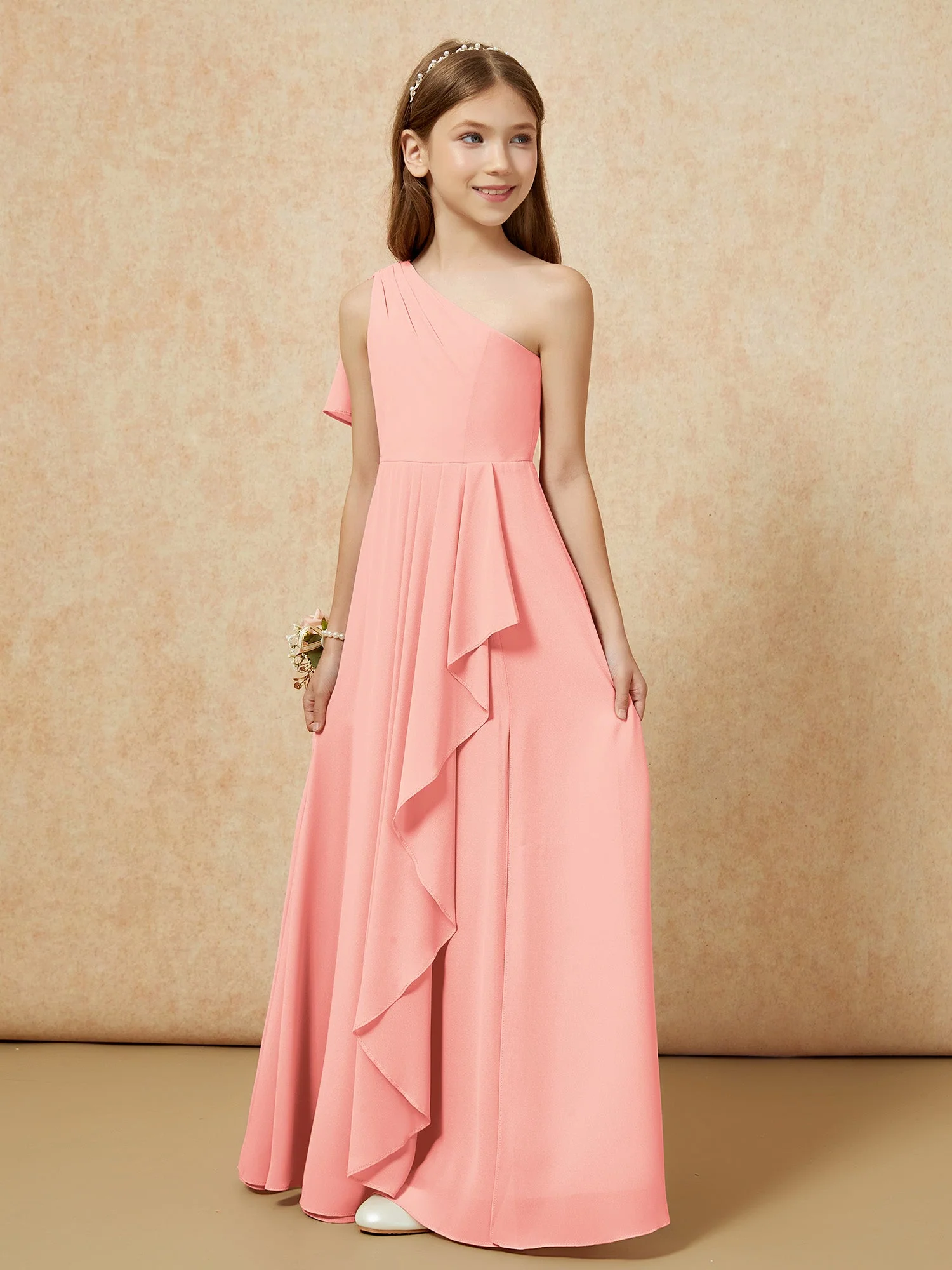 Eine Schulter A-Linie Lang Chiffon Junge Brautjungfernkleider Koralle - Image 5