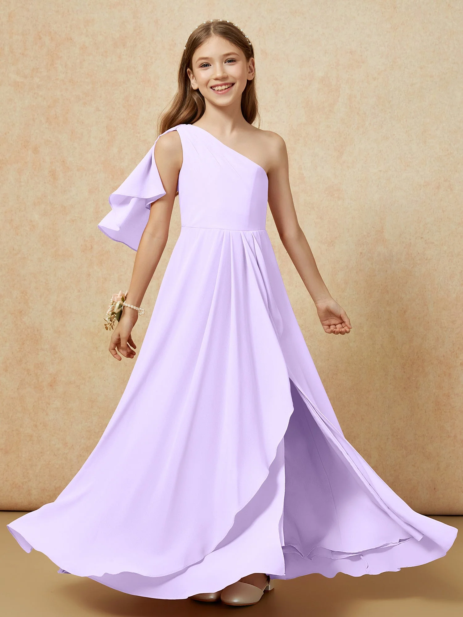 Eine Schulter A-Linie Lang Chiffon Junge Brautjungfernkleider Lila