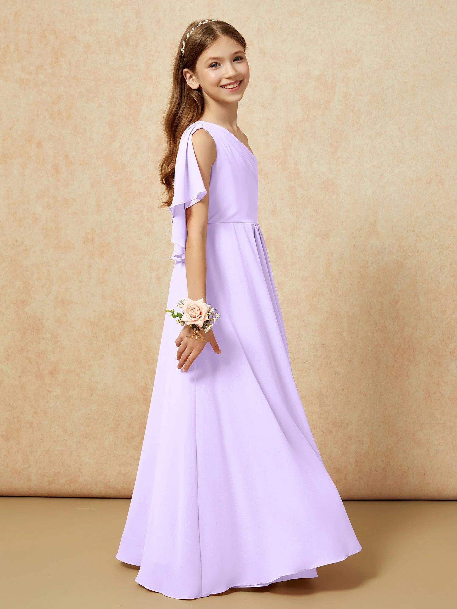 Eine Schulter A-Linie Lang Chiffon Junge Brautjungfernkleider Lila - Image 2