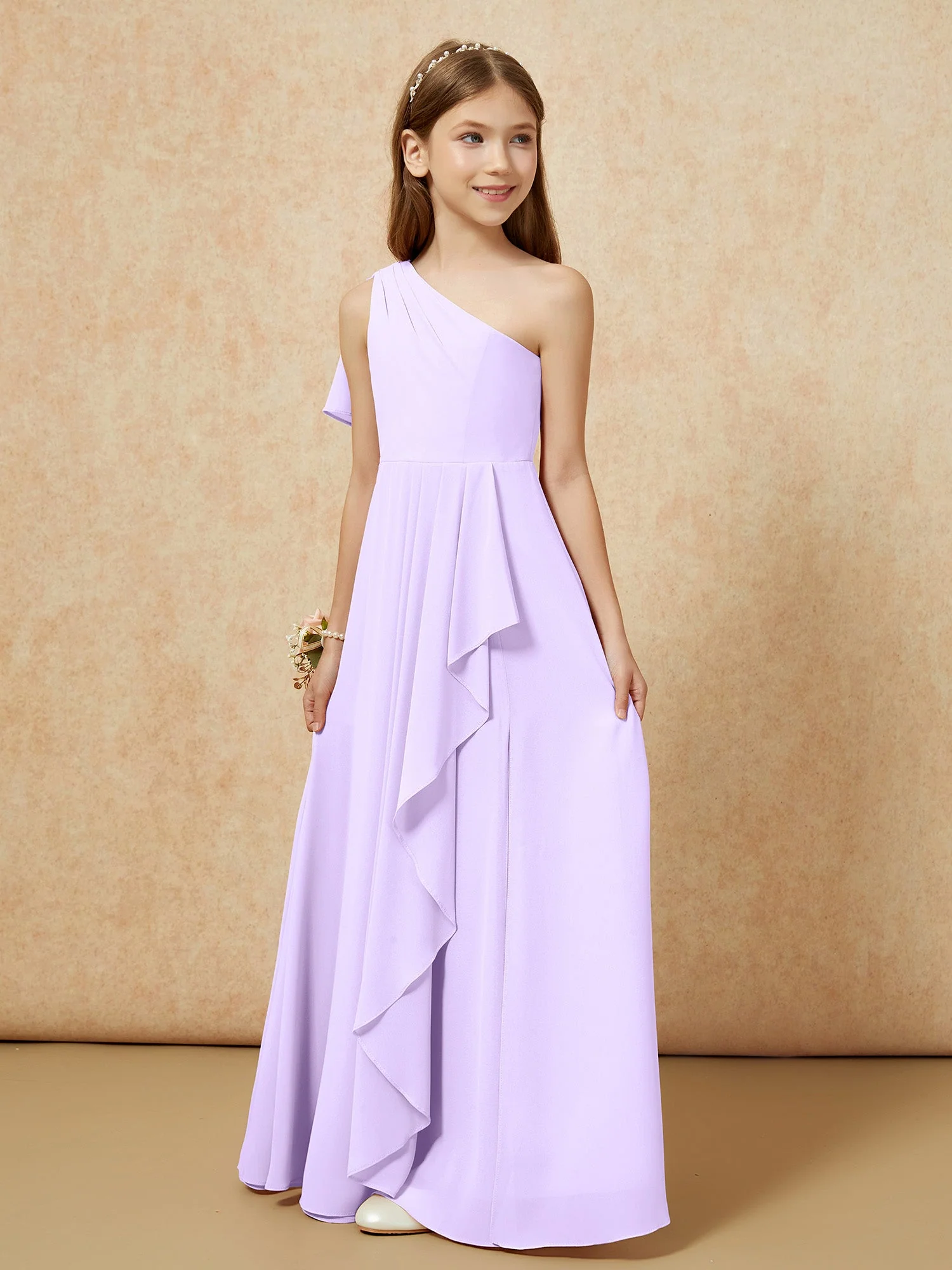 Eine Schulter A-Linie Lang Chiffon Junge Brautjungfernkleider Lila - Image 5