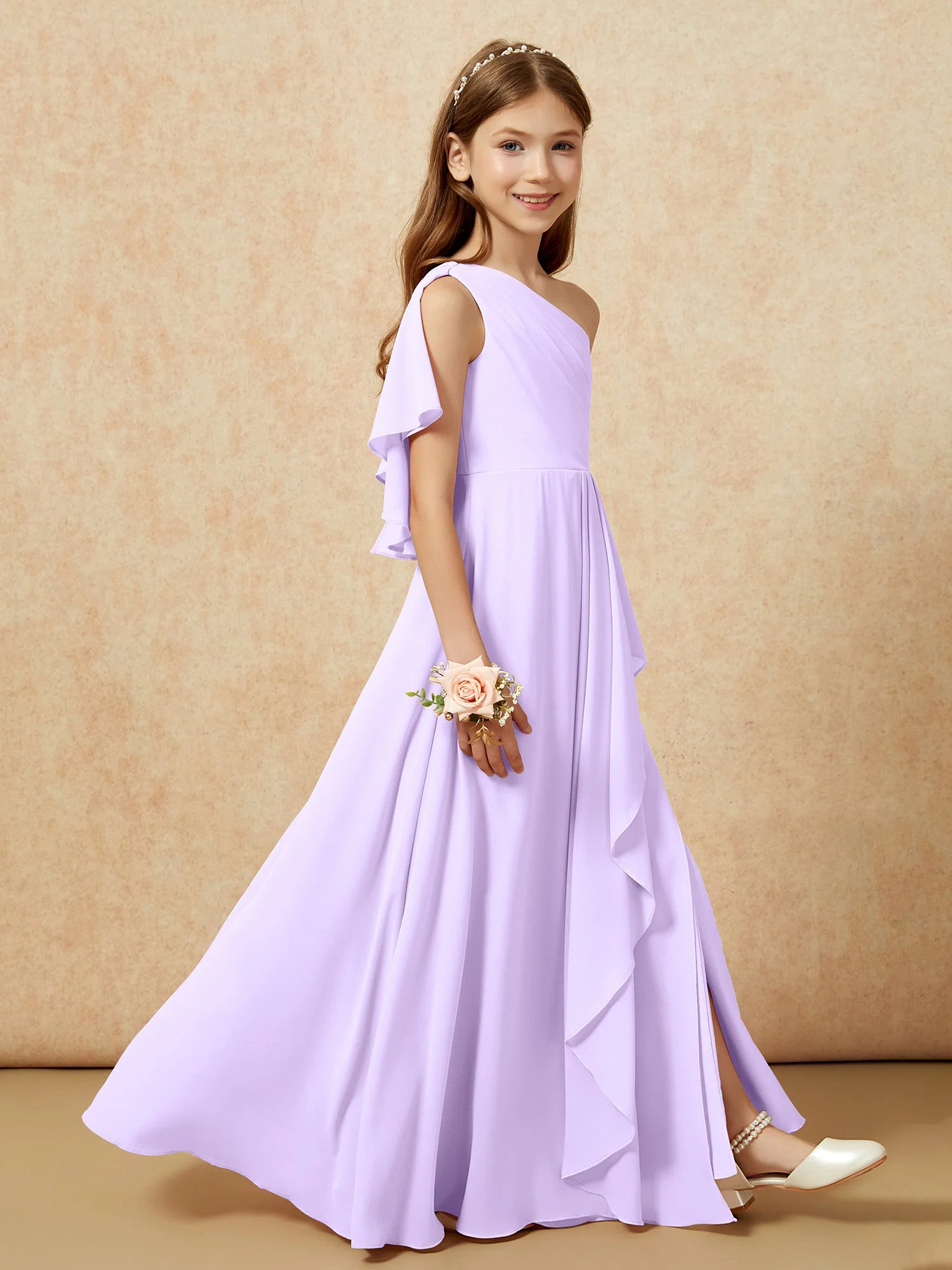 Eine Schulter A-Linie Lang Chiffon Junge Brautjungfernkleider Lila - Image 6