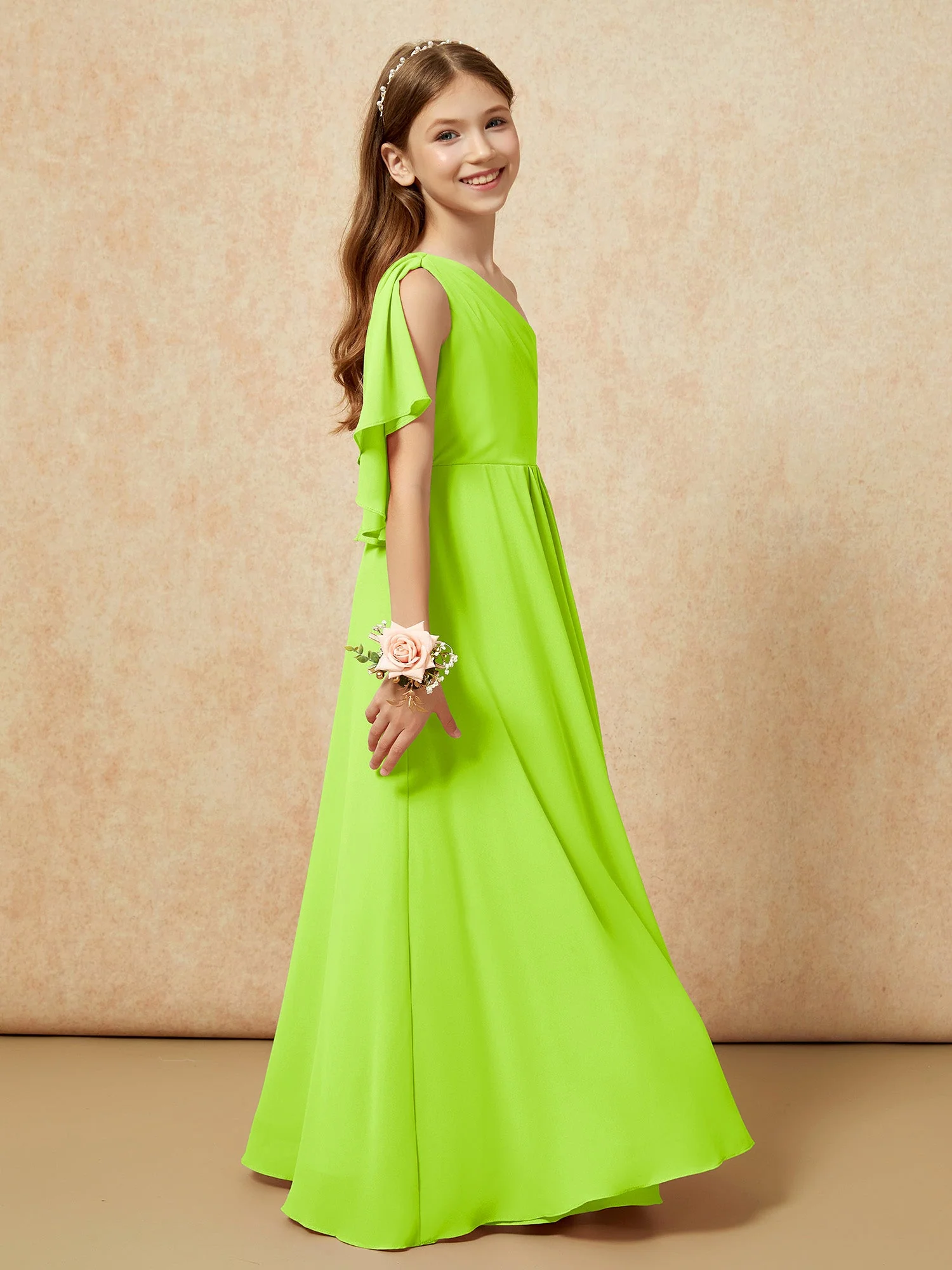 Eine Schulter A-Linie Lang Chiffon Junge Brautjungfernkleider Lindgrün - Image 2