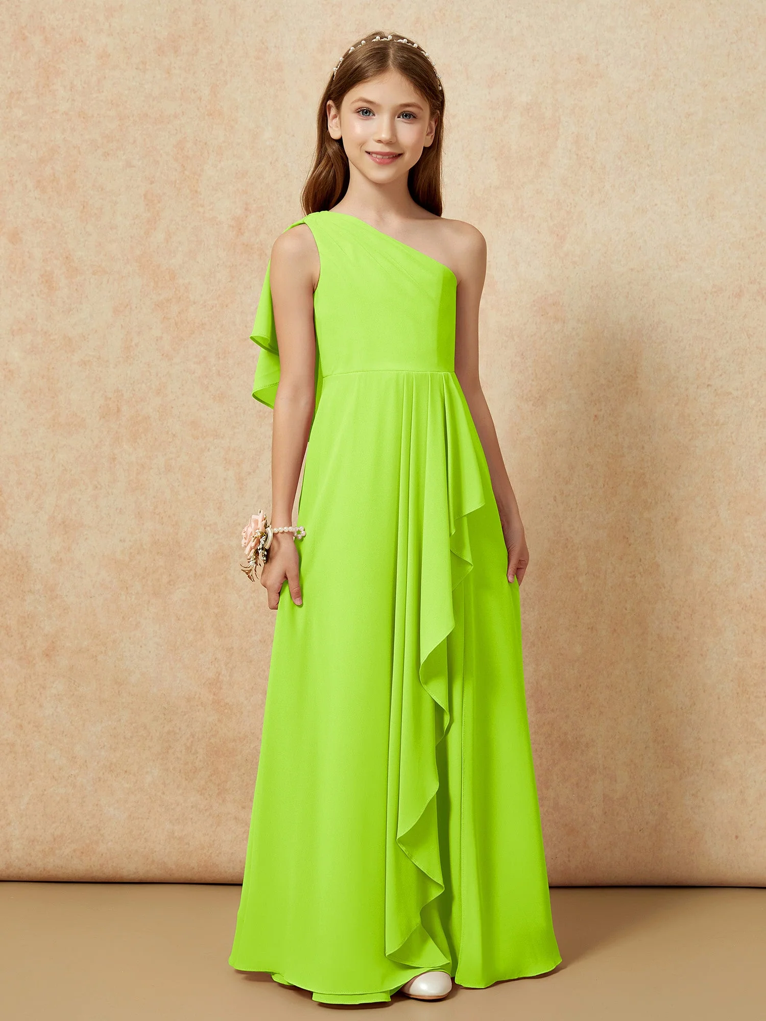 Eine Schulter A-Linie Lang Chiffon Junge Brautjungfernkleider Lindgrün - Image 4