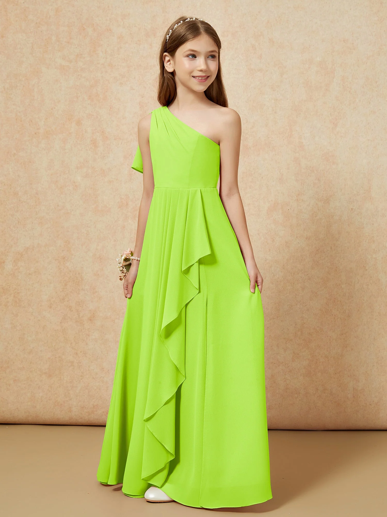 Eine Schulter A-Linie Lang Chiffon Junge Brautjungfernkleider Lindgrün - Image 5