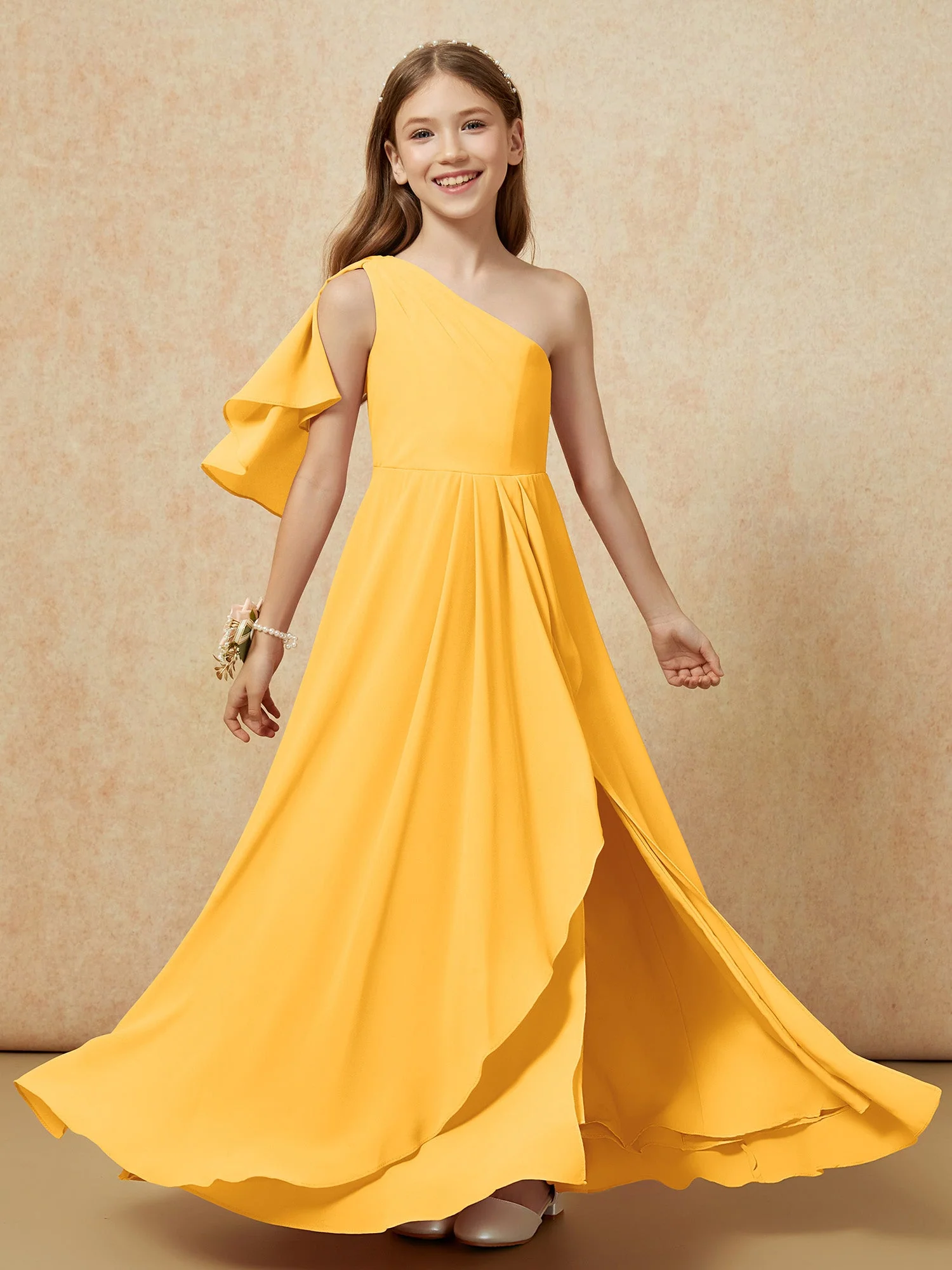 Eine Schulter A-Linie Lang Chiffon Junge Brautjungfernkleider Mandarine
