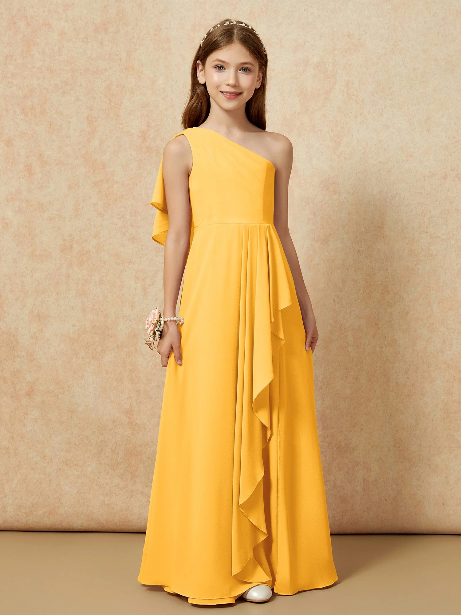 Eine Schulter A-Linie Lang Chiffon Junge Brautjungfernkleider Mandarine - Image 4