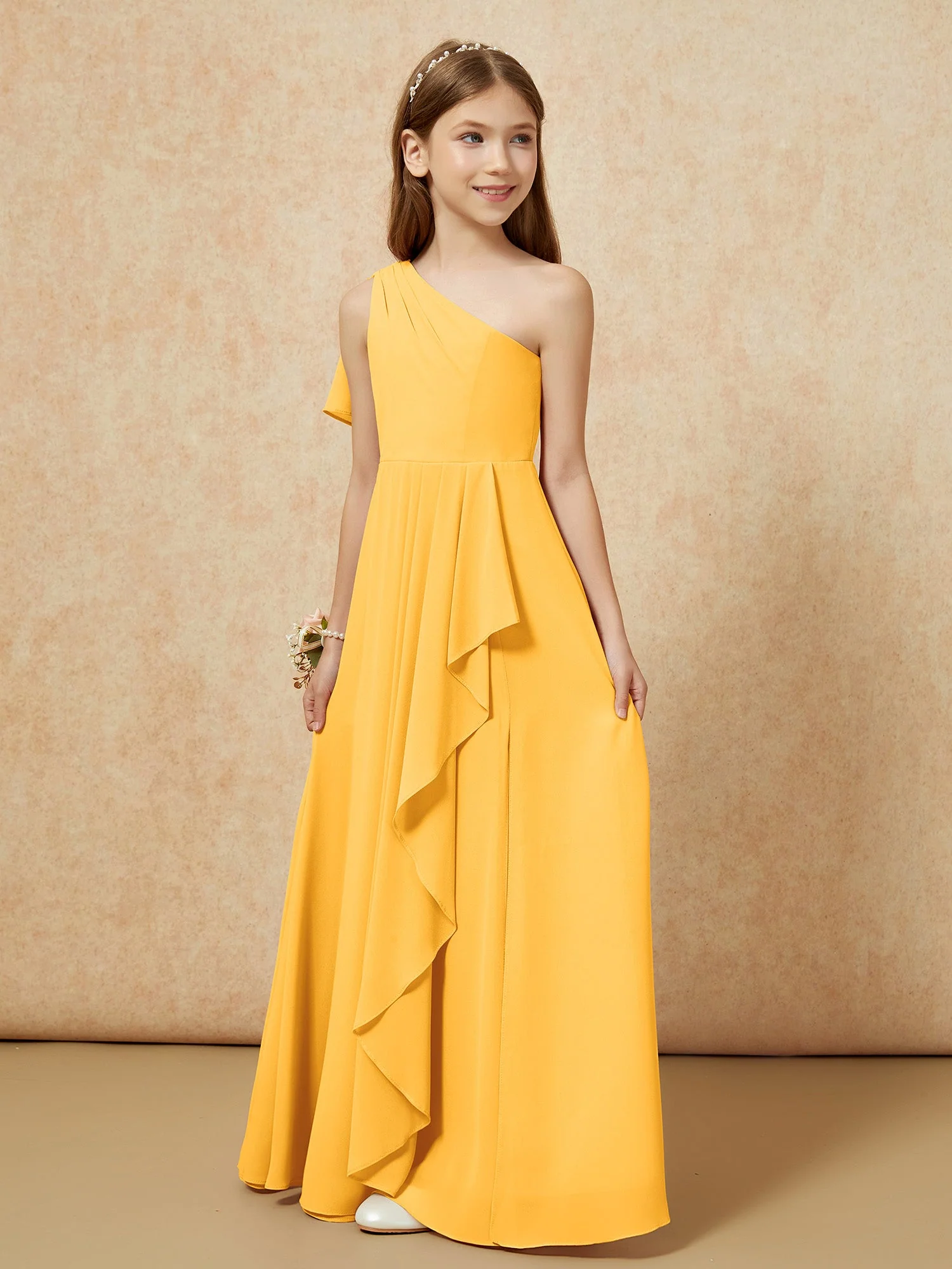 Eine Schulter A-Linie Lang Chiffon Junge Brautjungfernkleider Mandarine - Image 5