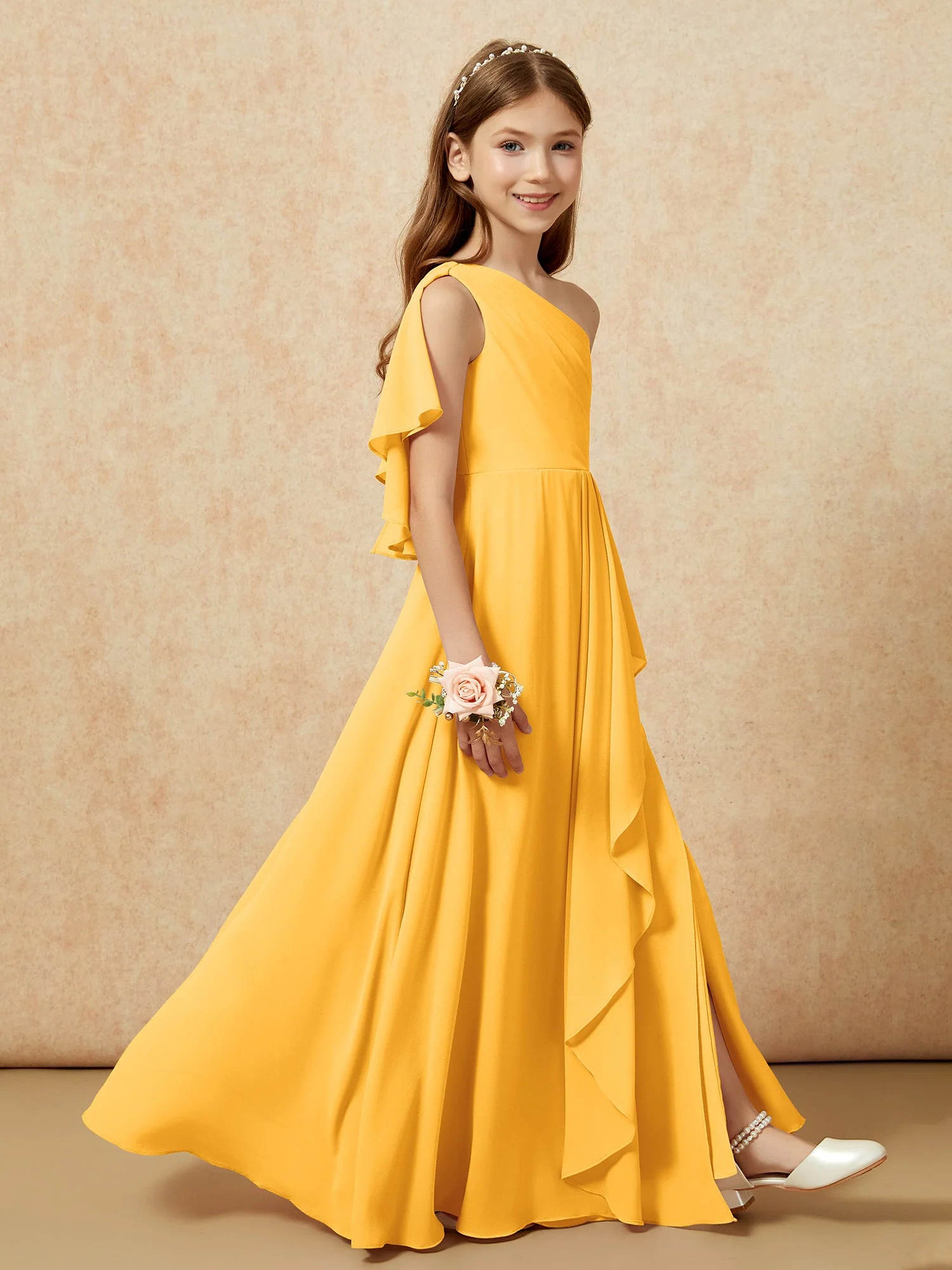 Eine Schulter A-Linie Lang Chiffon Junge Brautjungfernkleider Mandarine - Image 6