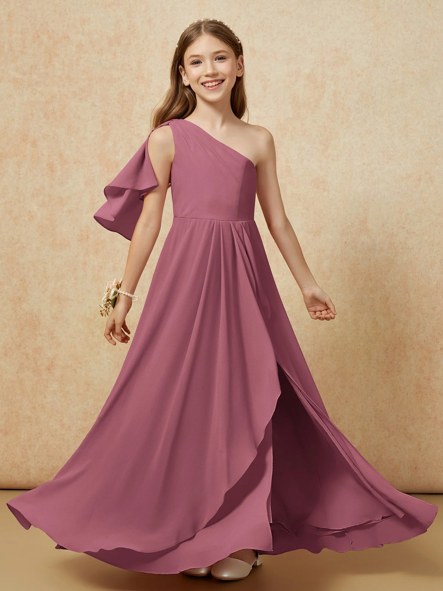 Eine Schulter A-Linie Lang Chiffon Junge Brautjungfernkleider Maulbeere