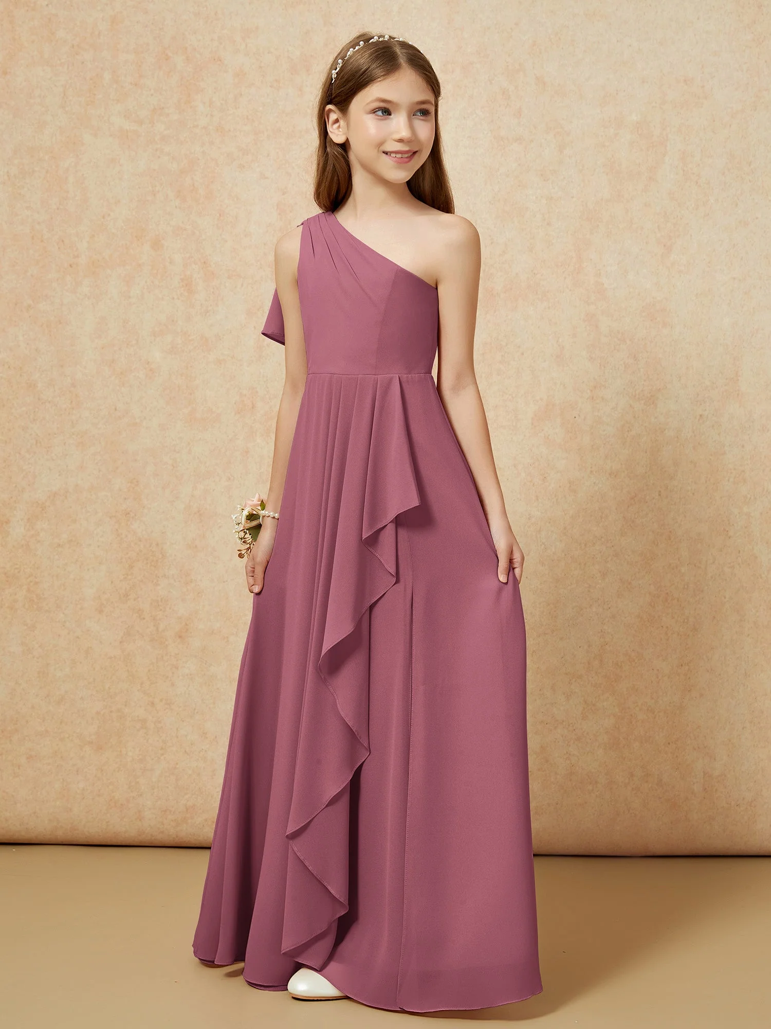 Eine Schulter A-Linie Lang Chiffon Junge Brautjungfernkleider Maulbeere - Image 5
