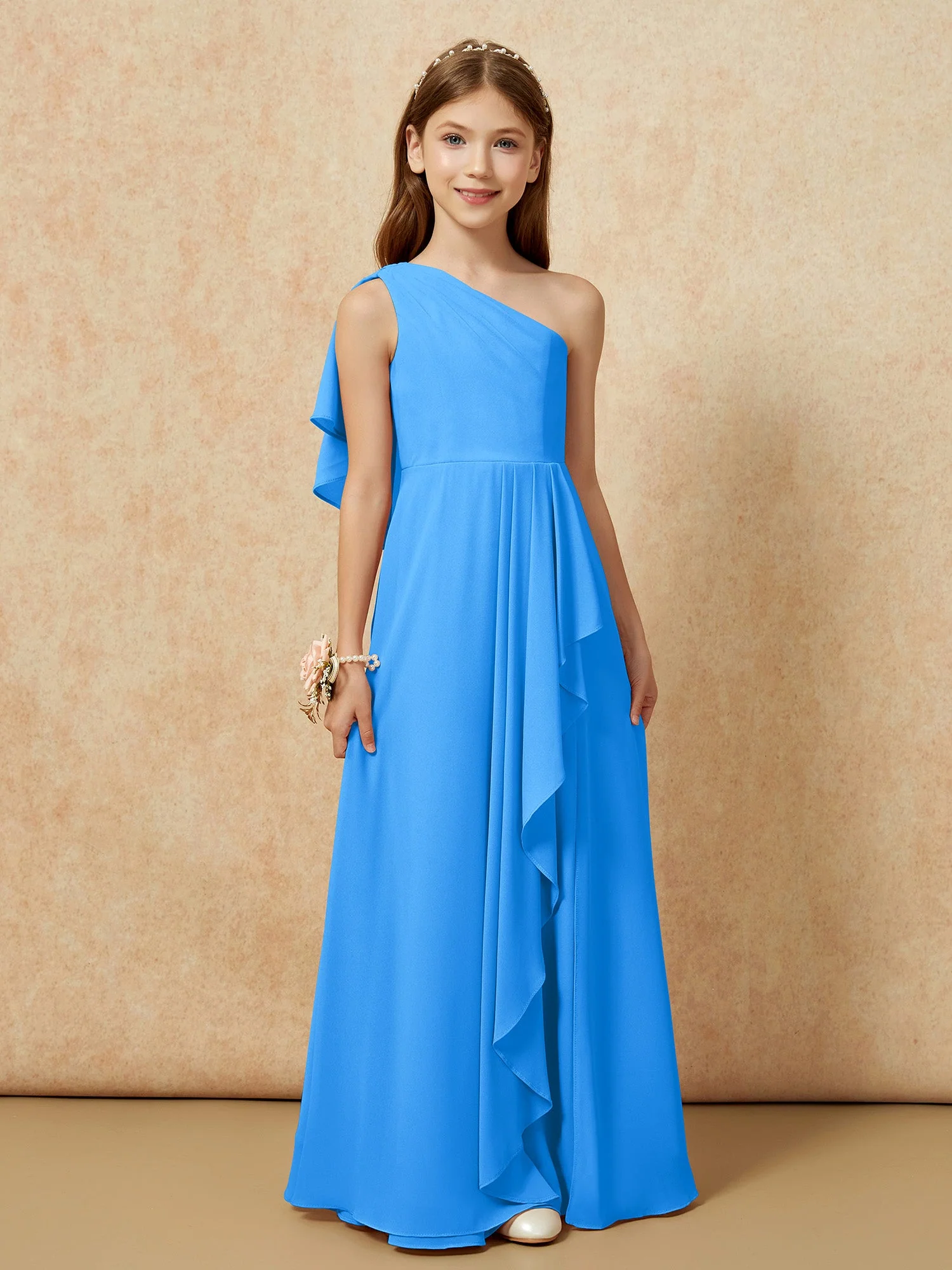Eine Schulter A-Linie Lang Chiffon Junge Brautjungfernkleider Meerblau - Image 4