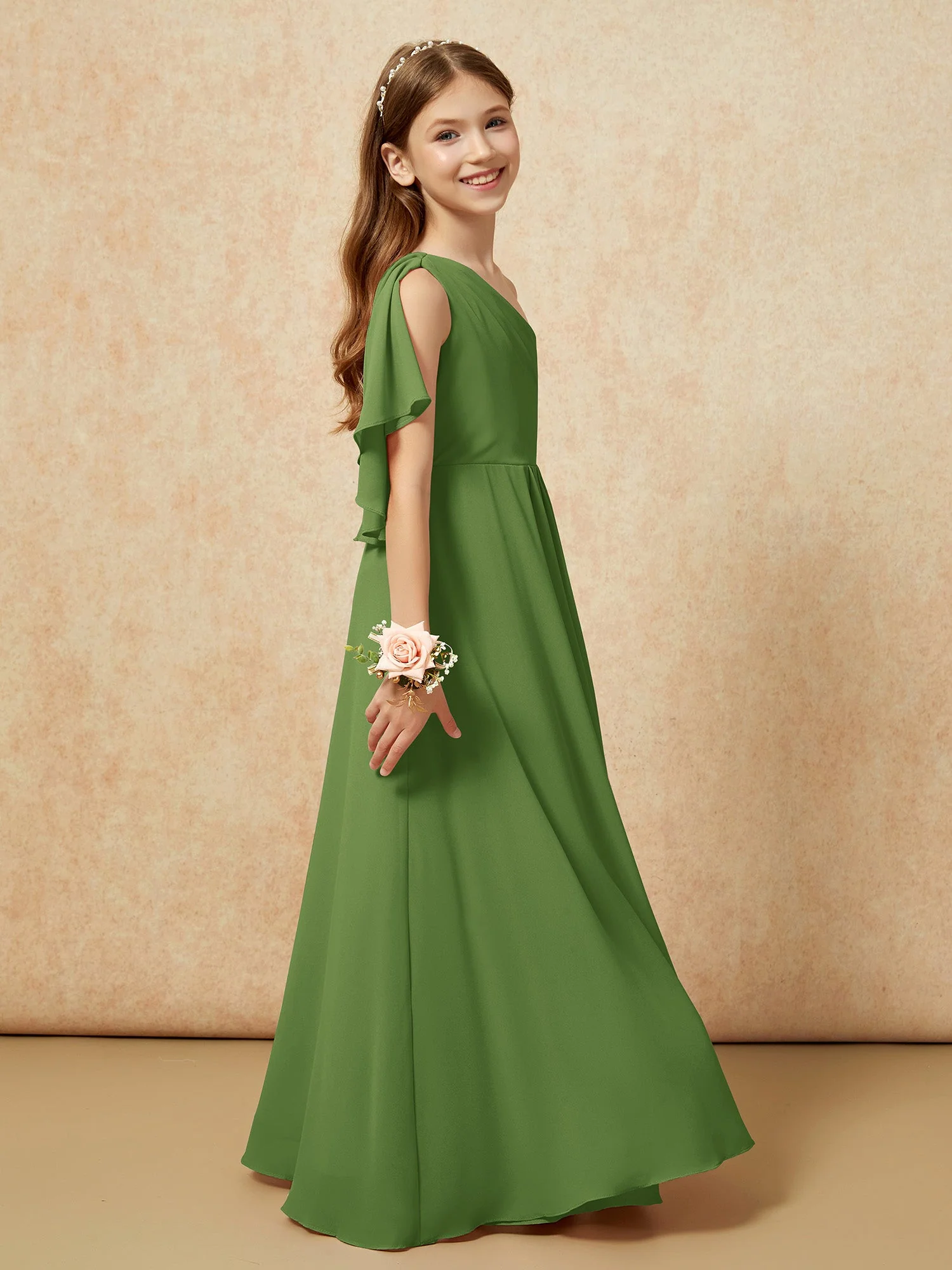 Eine Schulter A-Linie Lang Chiffon Junge Brautjungfernkleider Moos - Image 2