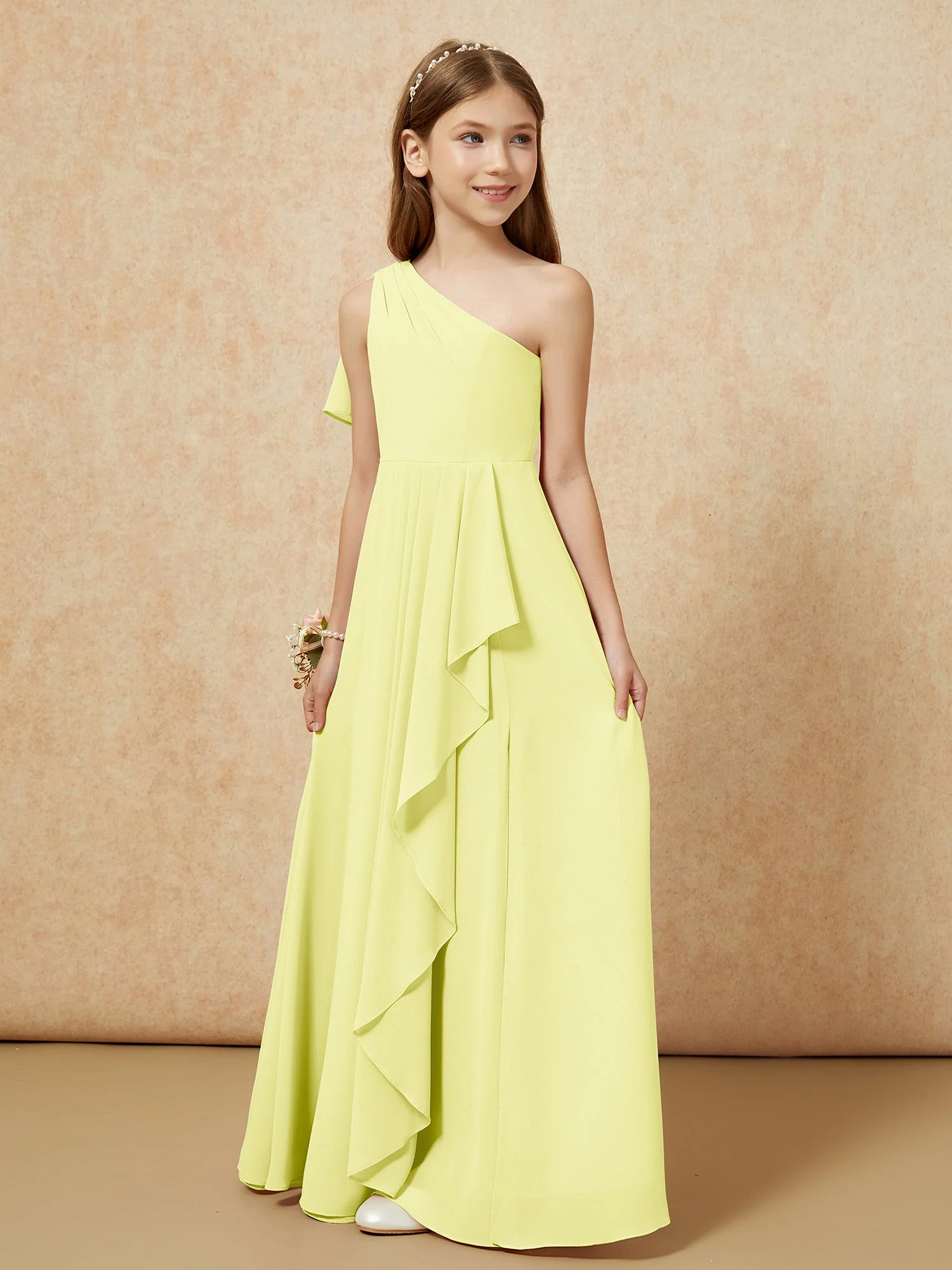 Eine Schulter A-Linie Lang Chiffon Junge Brautjungfernkleider Narzisse - Image 5