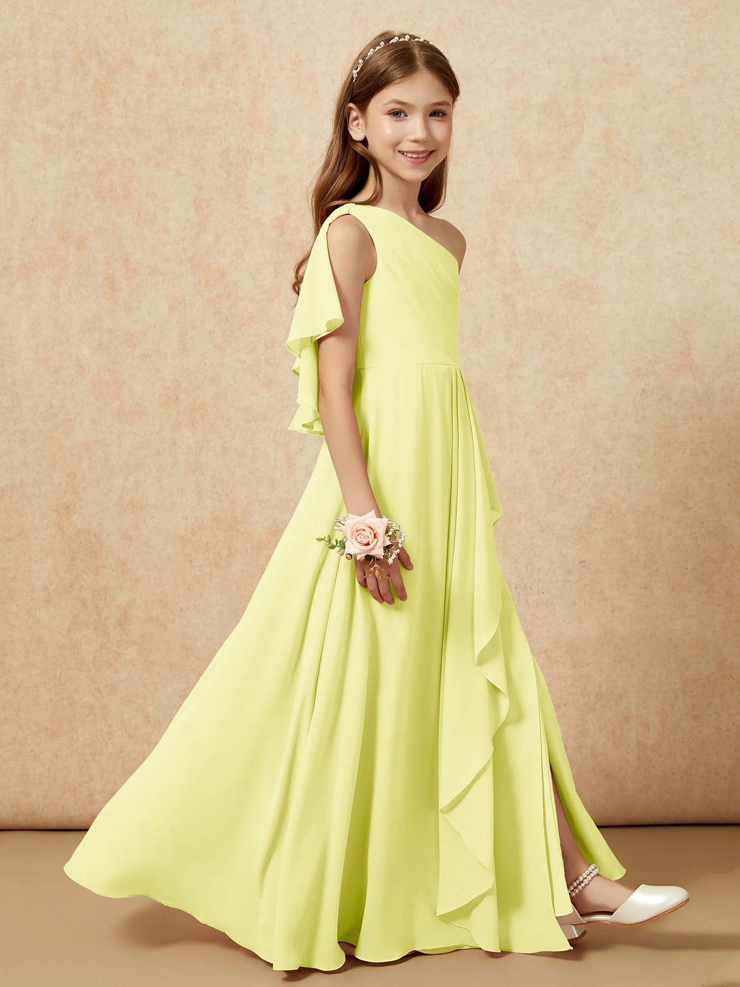 Eine Schulter A-Linie Lang Chiffon Junge Brautjungfernkleider Narzisse - Image 6