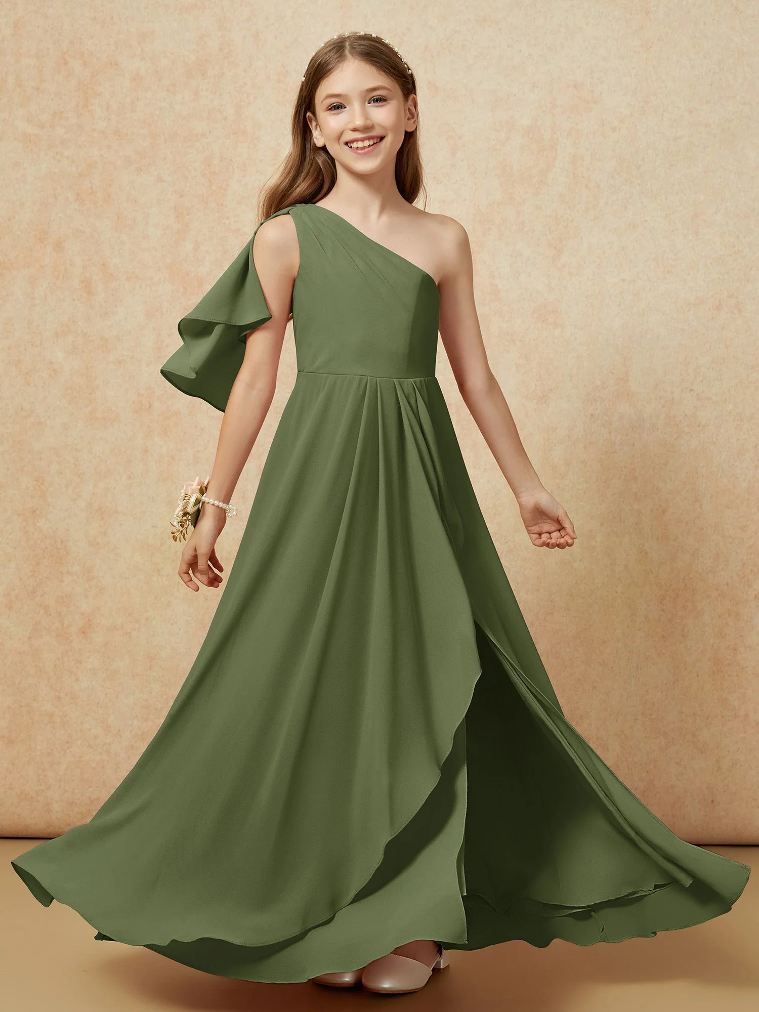 Eine Schulter A-Linie Lang Chiffon Junge Brautjungfernkleider Olivgrün