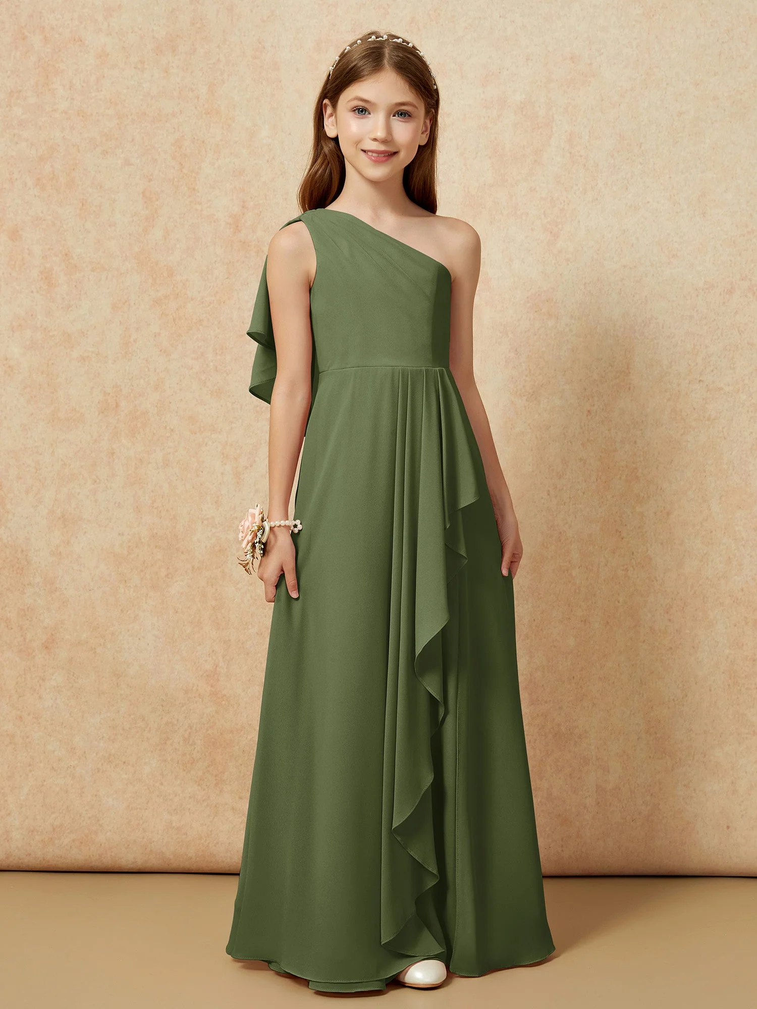 Eine Schulter A-Linie Lang Chiffon Junge Brautjungfernkleider Olivgrün - Image 4
