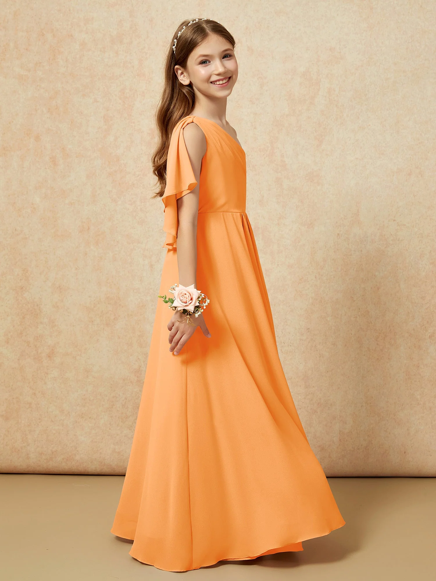 Eine Schulter A-Linie Lang Chiffon Junge Brautjungfernkleider Orange - Image 2
