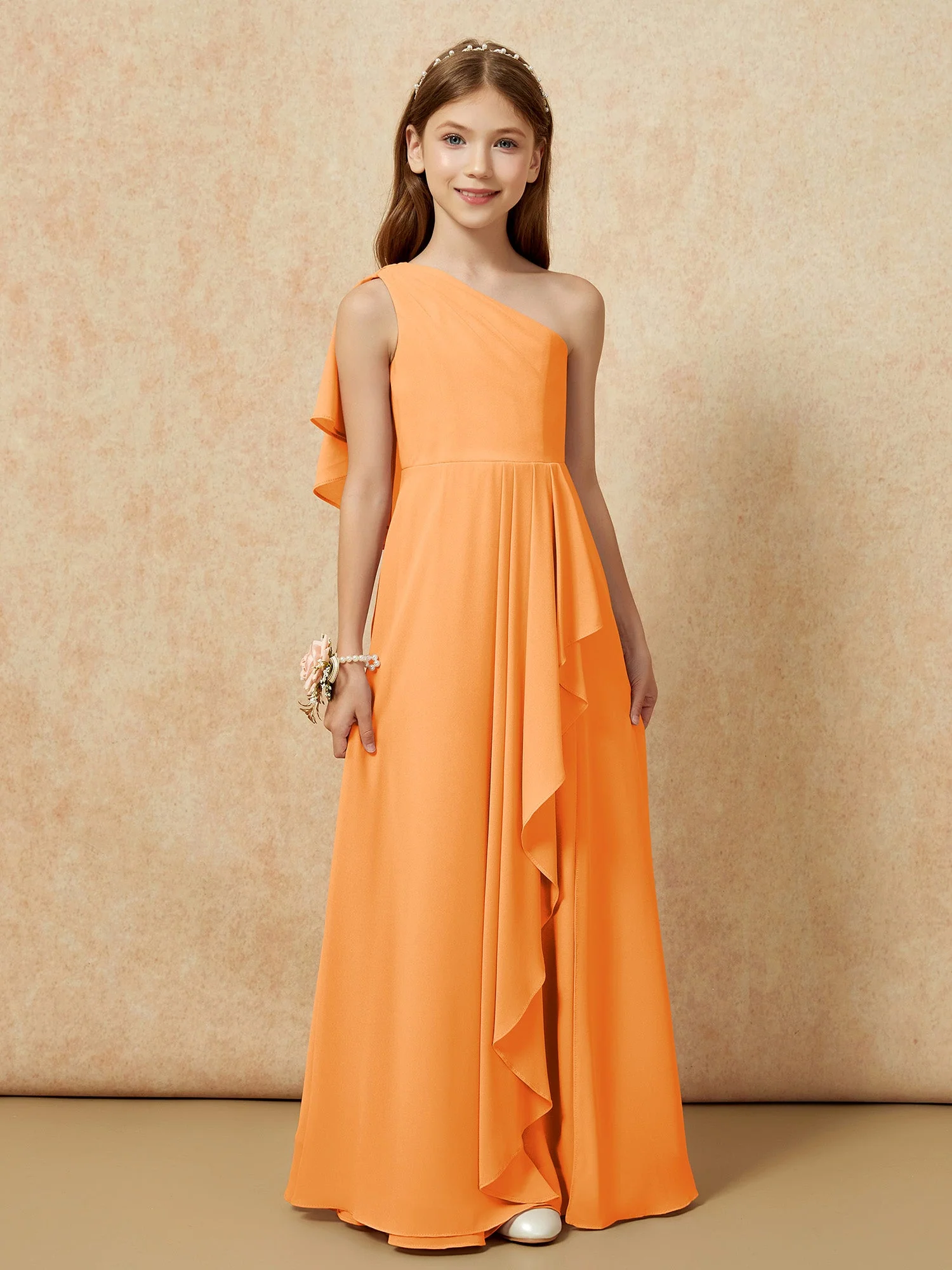 Eine Schulter A-Linie Lang Chiffon Junge Brautjungfernkleider Orange - Image 4