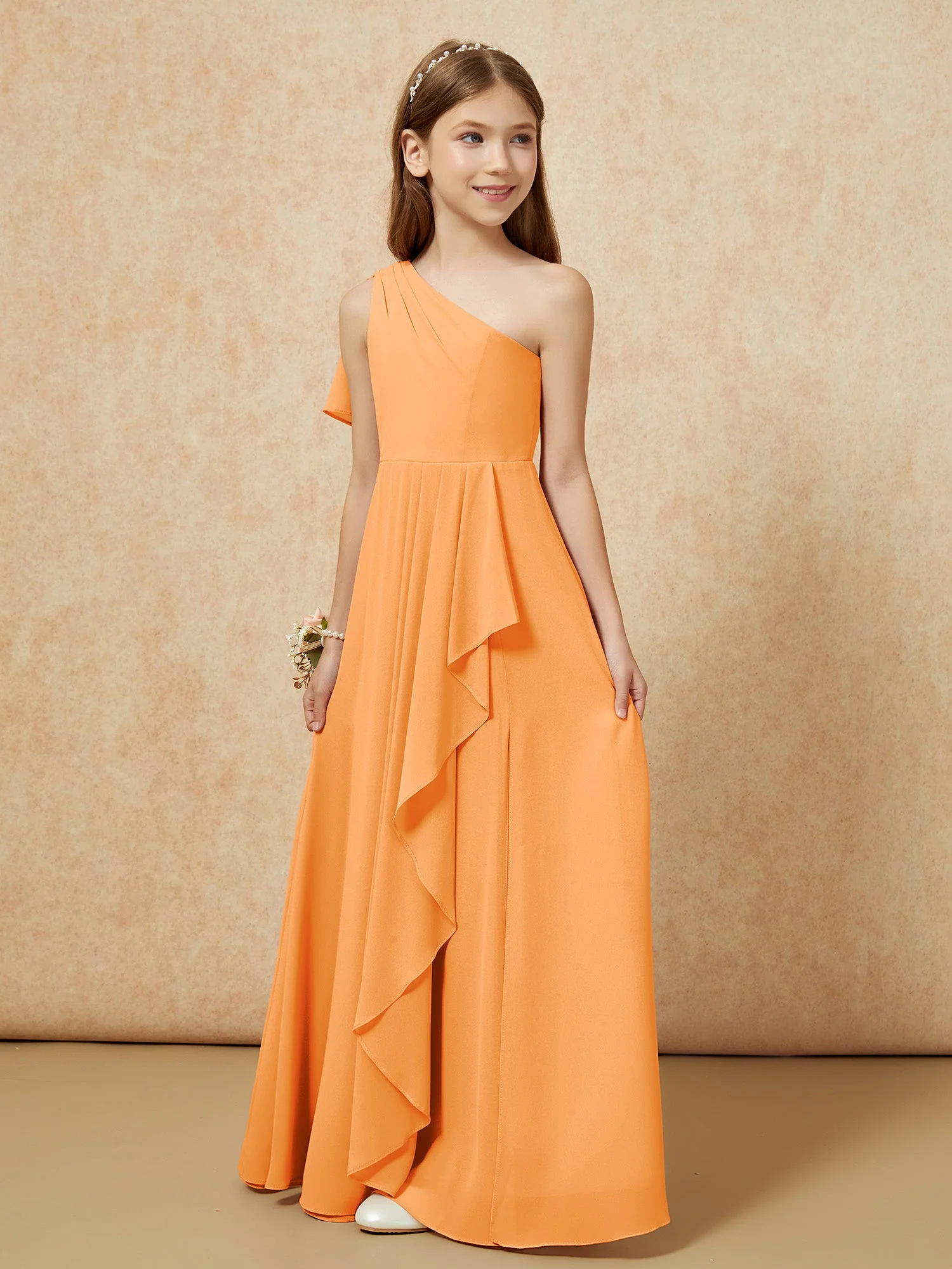 Eine Schulter A-Linie Lang Chiffon Junge Brautjungfernkleider Orange - Image 5