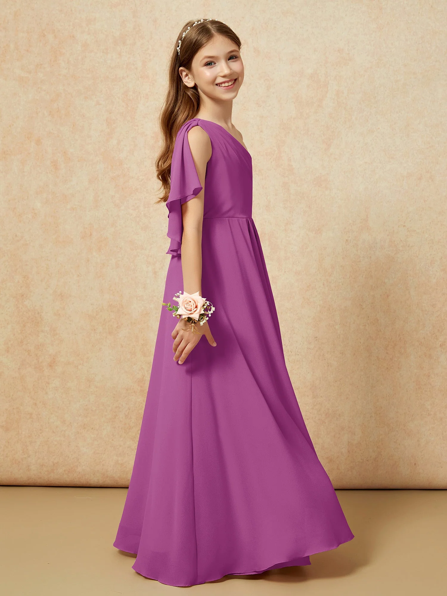 Eine Schulter A-Linie Lang Chiffon Junge Brautjungfernkleider Orchidee - Image 2