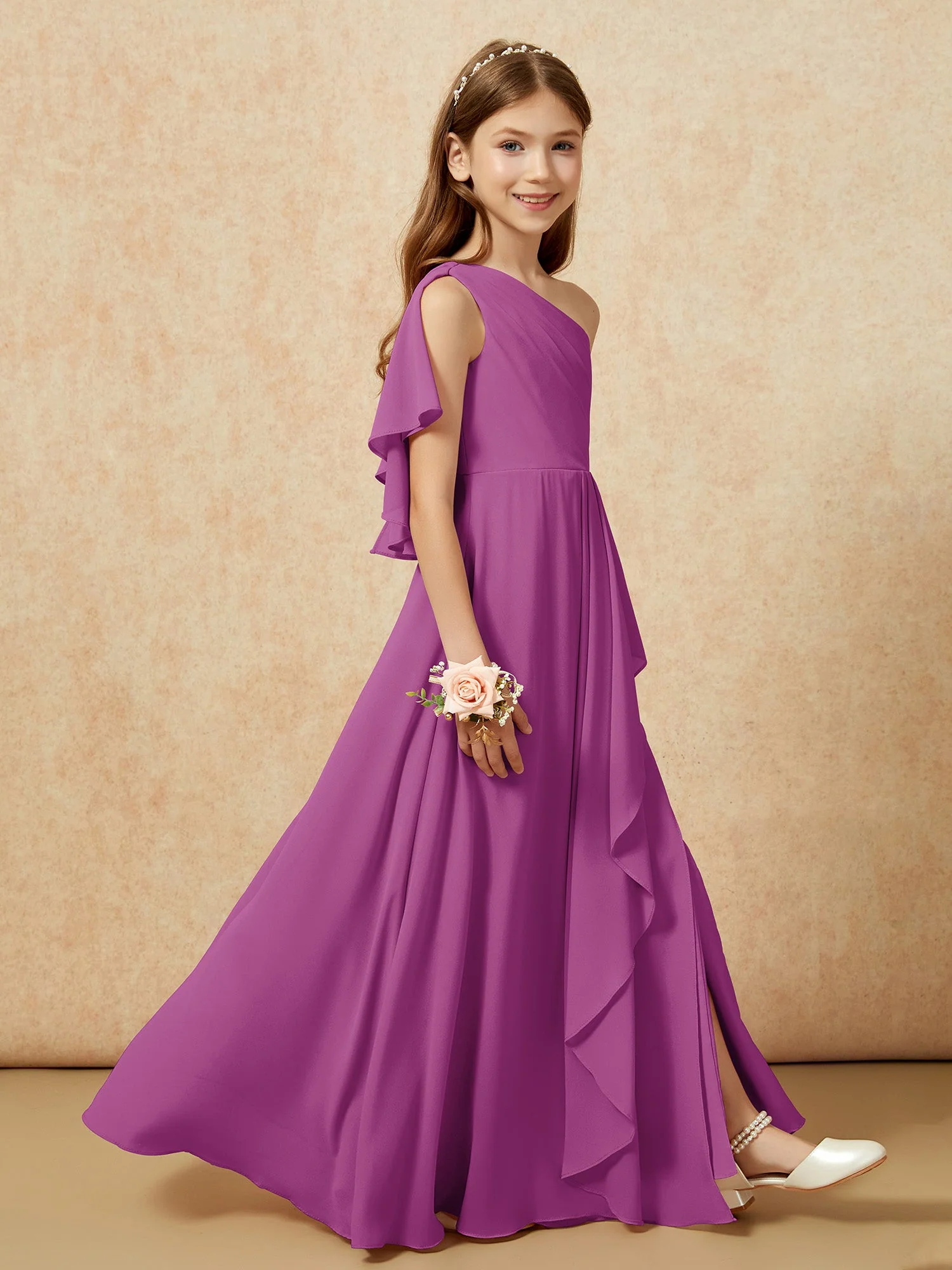 Eine Schulter A-Linie Lang Chiffon Junge Brautjungfernkleider Orchidee - Image 6