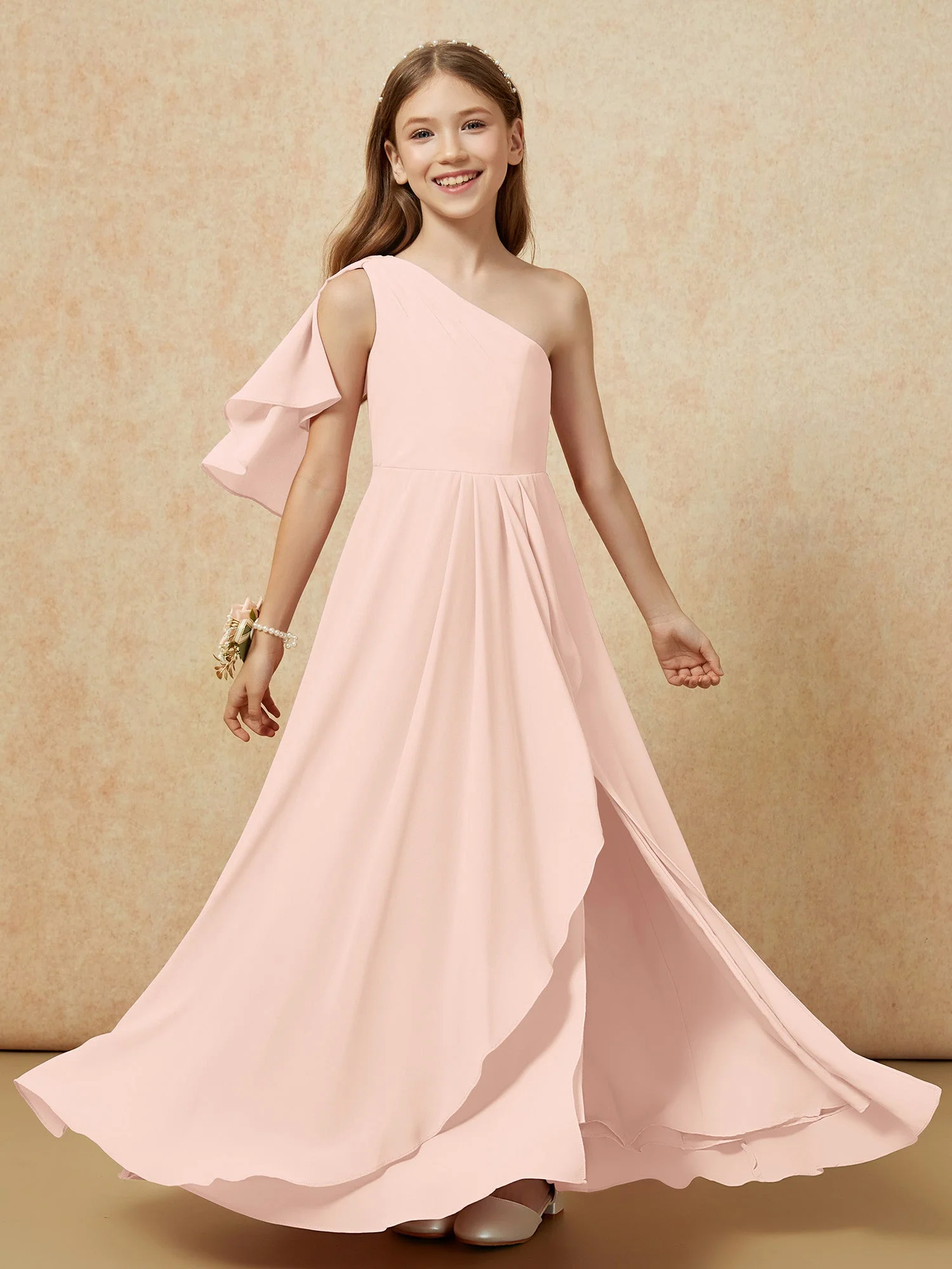 Eine Schulter A-Linie Lang Chiffon Junge Brautjungfernkleider Perlrosa