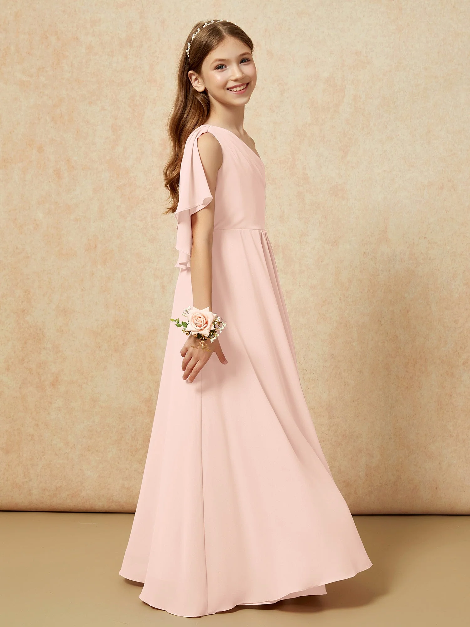 Eine Schulter A-Linie Lang Chiffon Junge Brautjungfernkleider Perlrosa - Image 2