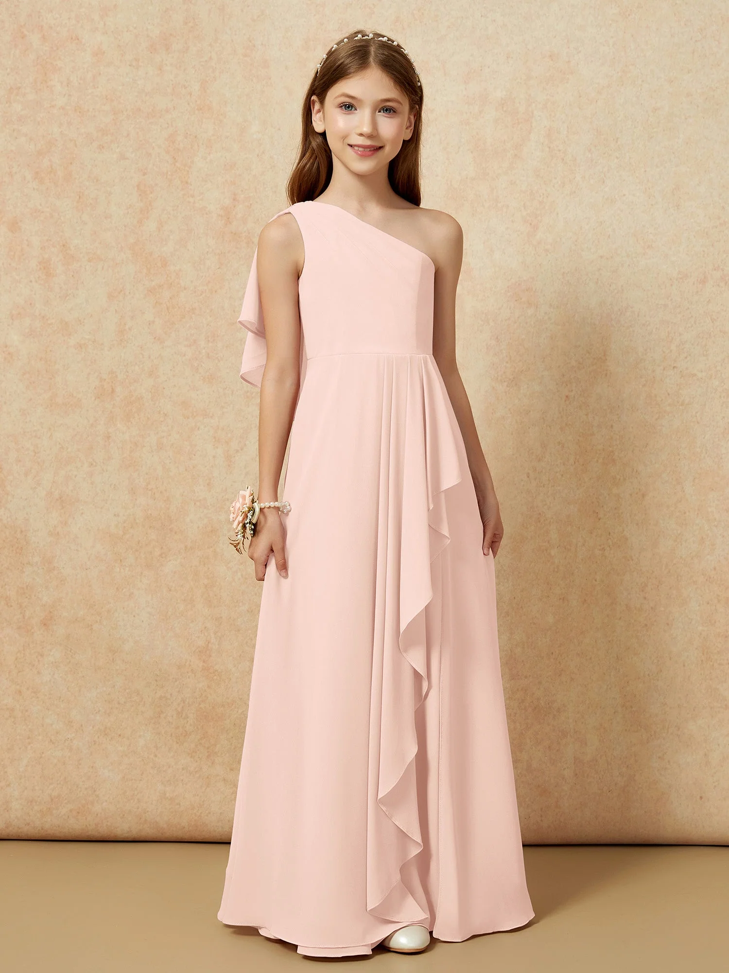 Eine Schulter A-Linie Lang Chiffon Junge Brautjungfernkleider Perlrosa - Image 4