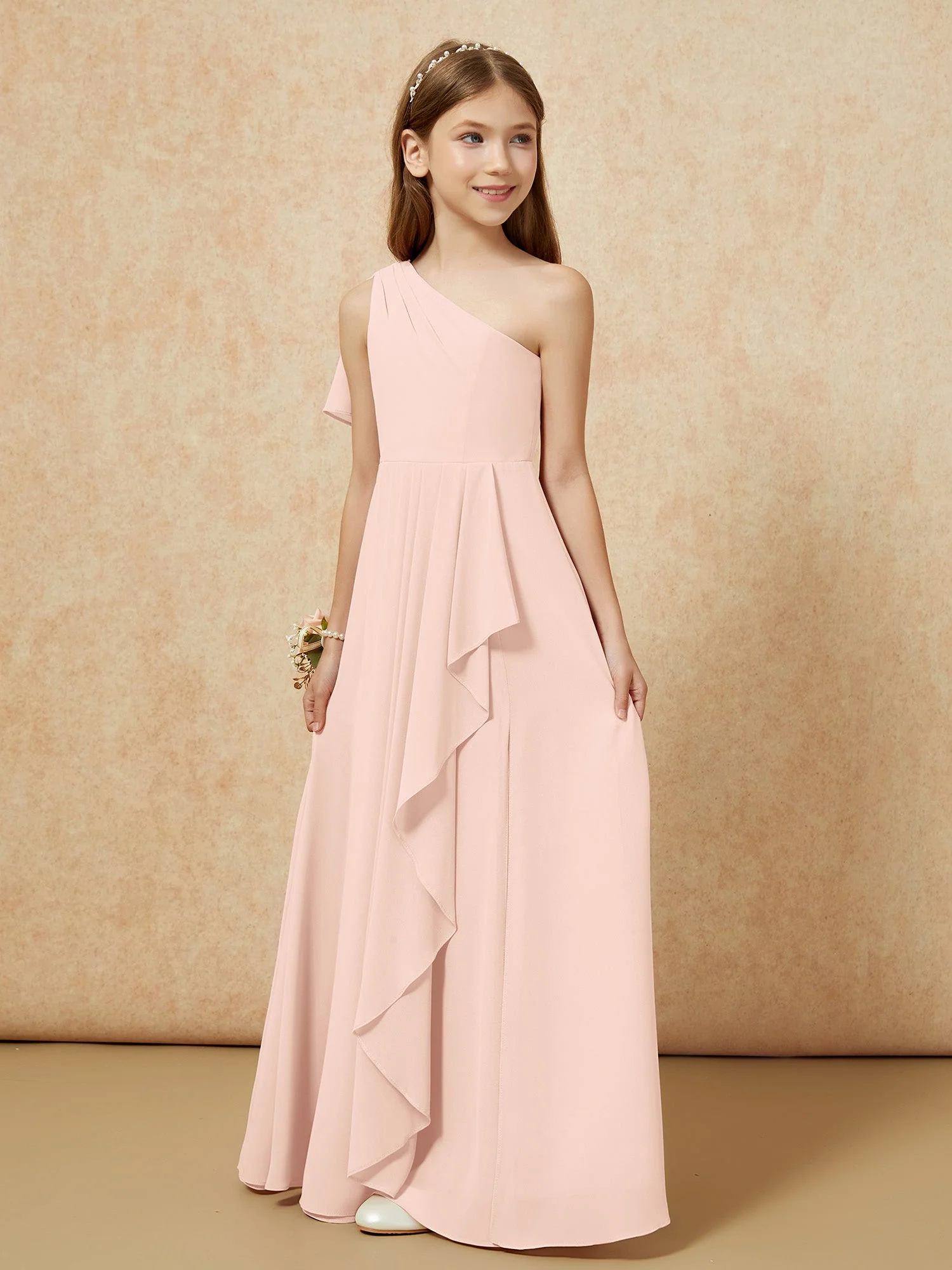 Eine Schulter A-Linie Lang Chiffon Junge Brautjungfernkleider Perlrosa - Image 5