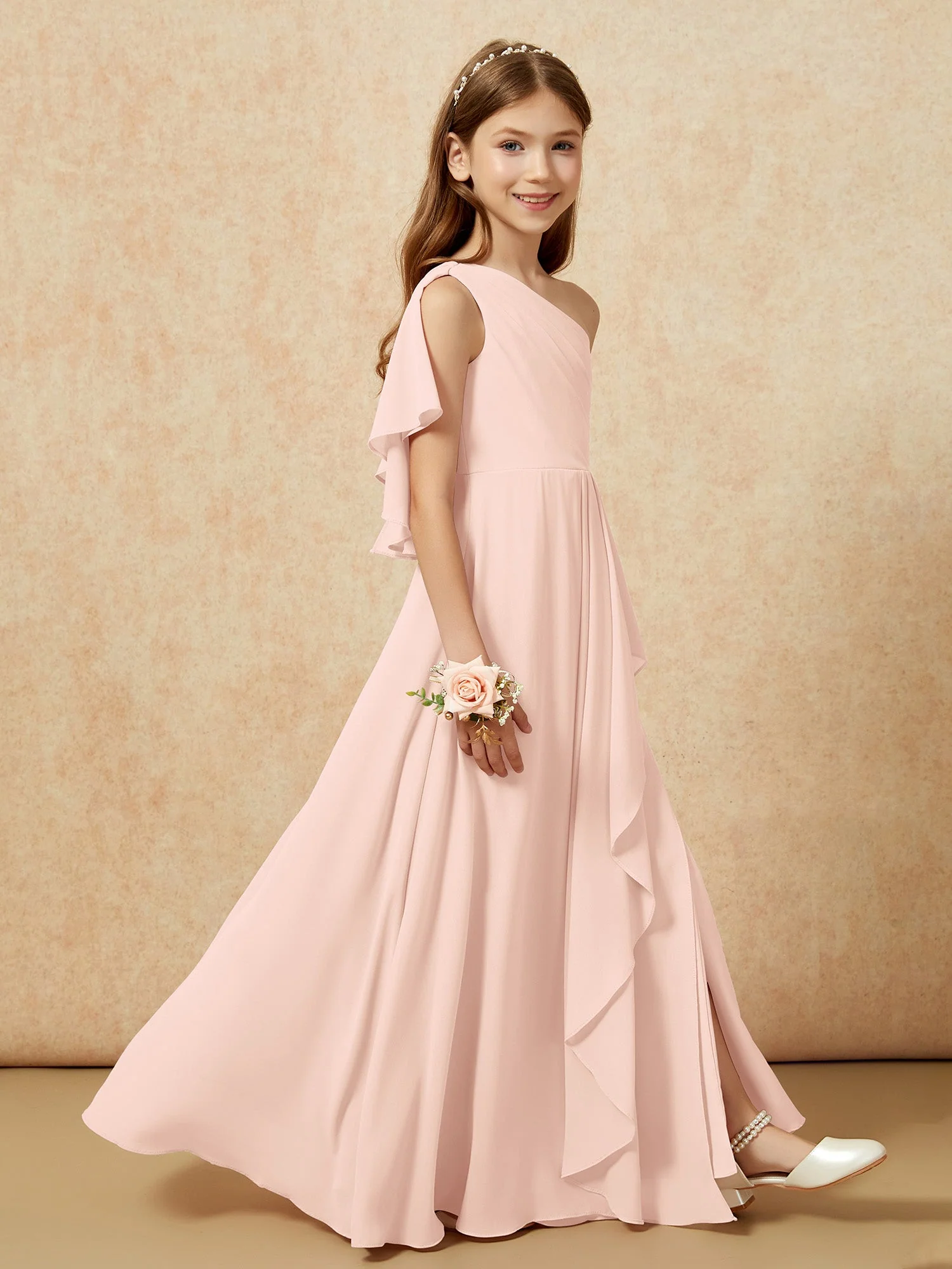 Eine Schulter A-Linie Lang Chiffon Junge Brautjungfernkleider Perlrosa - Image 6