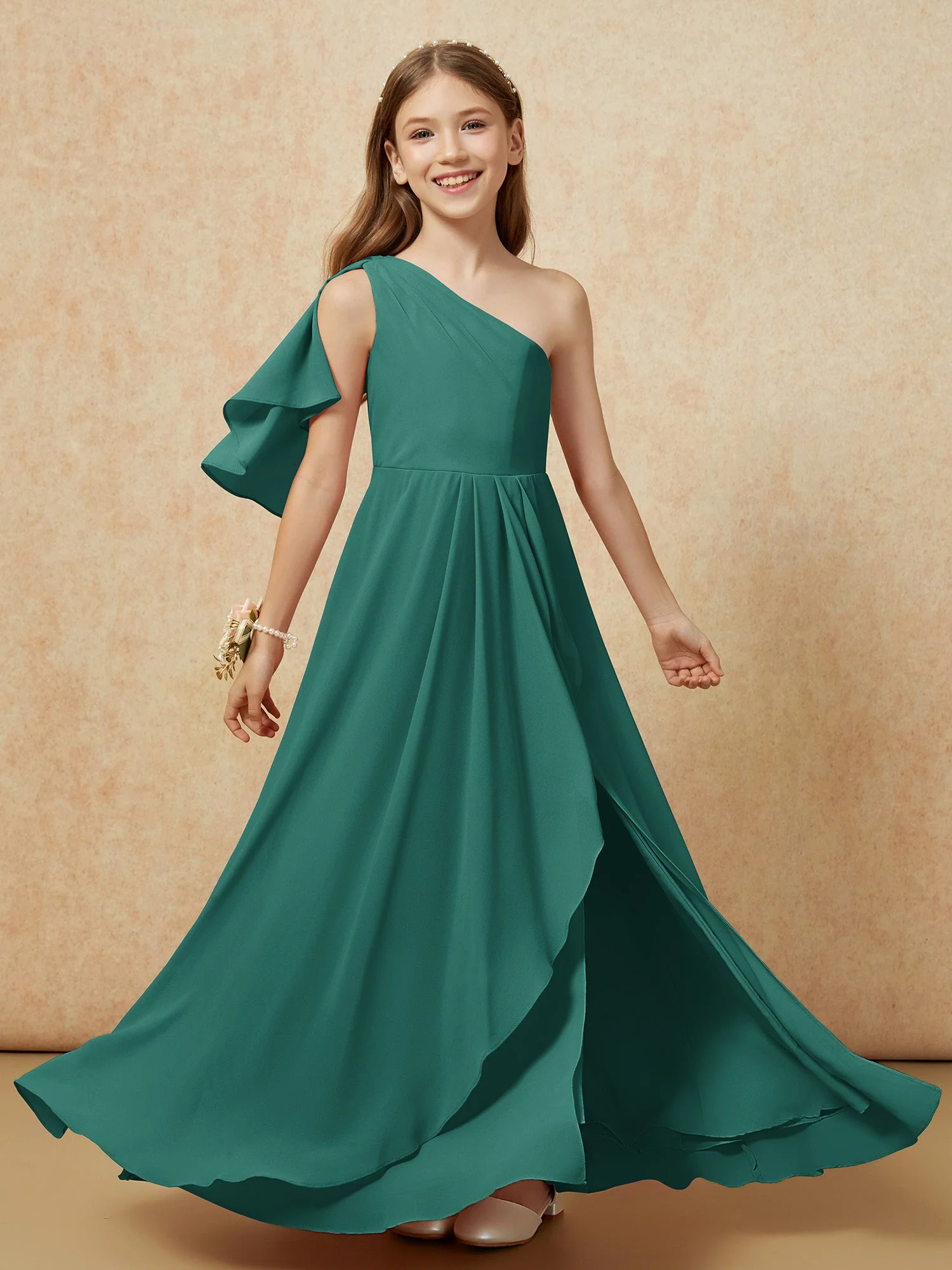 Eine Schulter A-Linie Lang Chiffon Junge Brautjungfernkleider Pfau