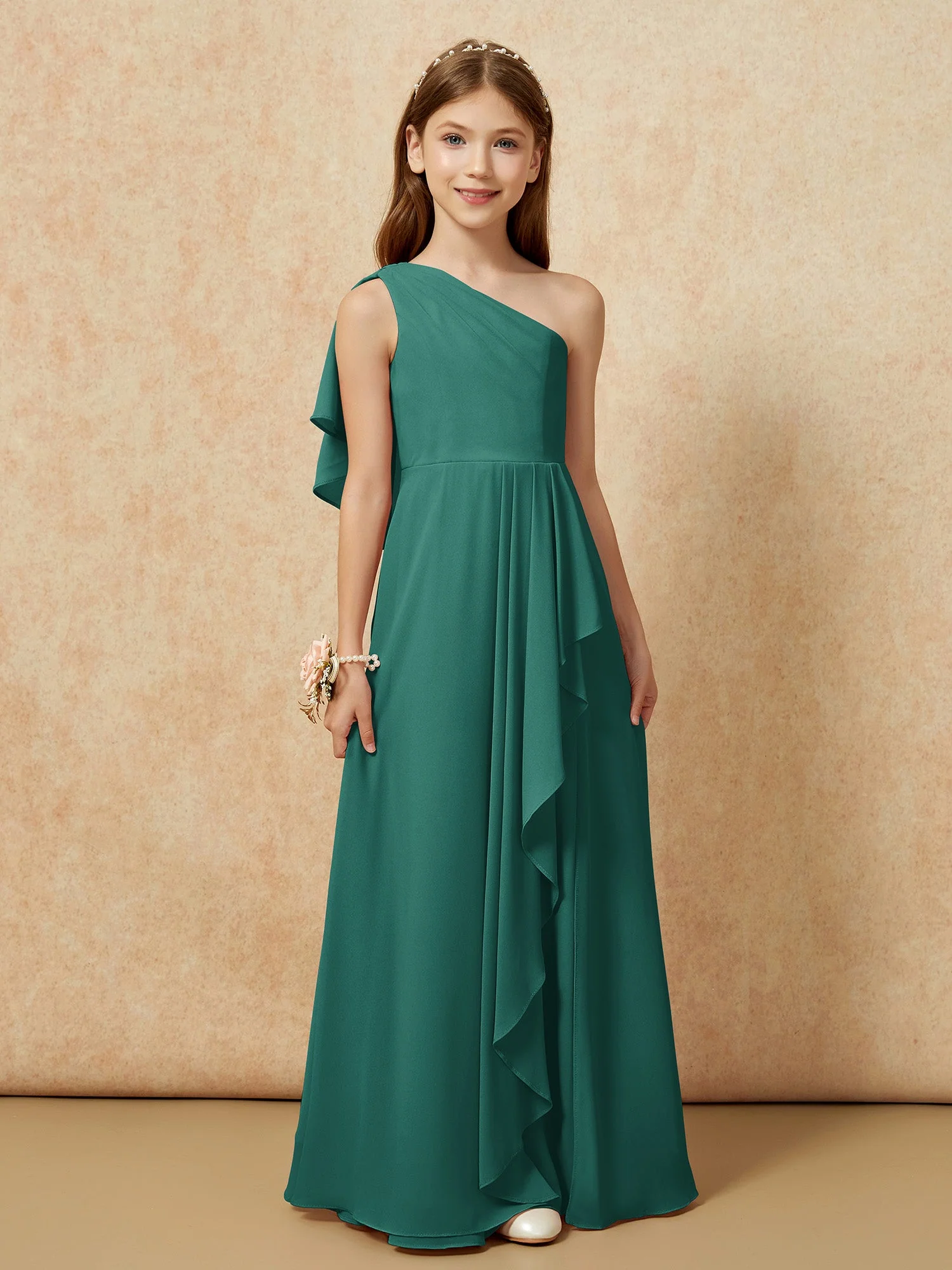 Eine Schulter A-Linie Lang Chiffon Junge Brautjungfernkleider Pfau - Image 4