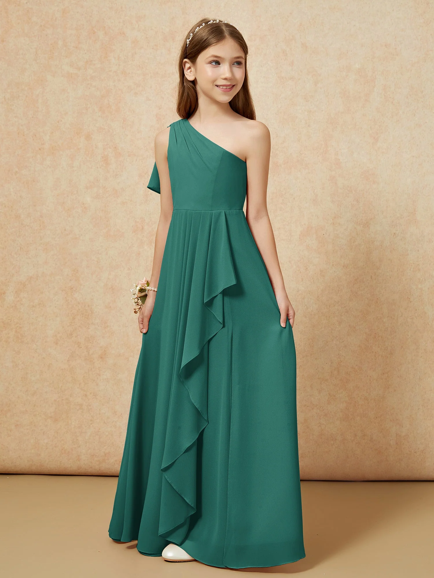 Eine Schulter A-Linie Lang Chiffon Junge Brautjungfernkleider Pfau - Image 5