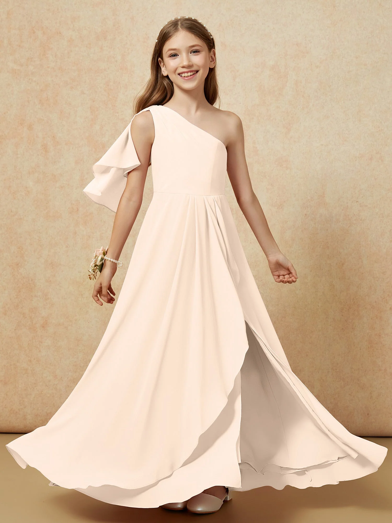 Eine Schulter A-Linie Lang Chiffon Junge Brautjungfernkleider Pfirsich