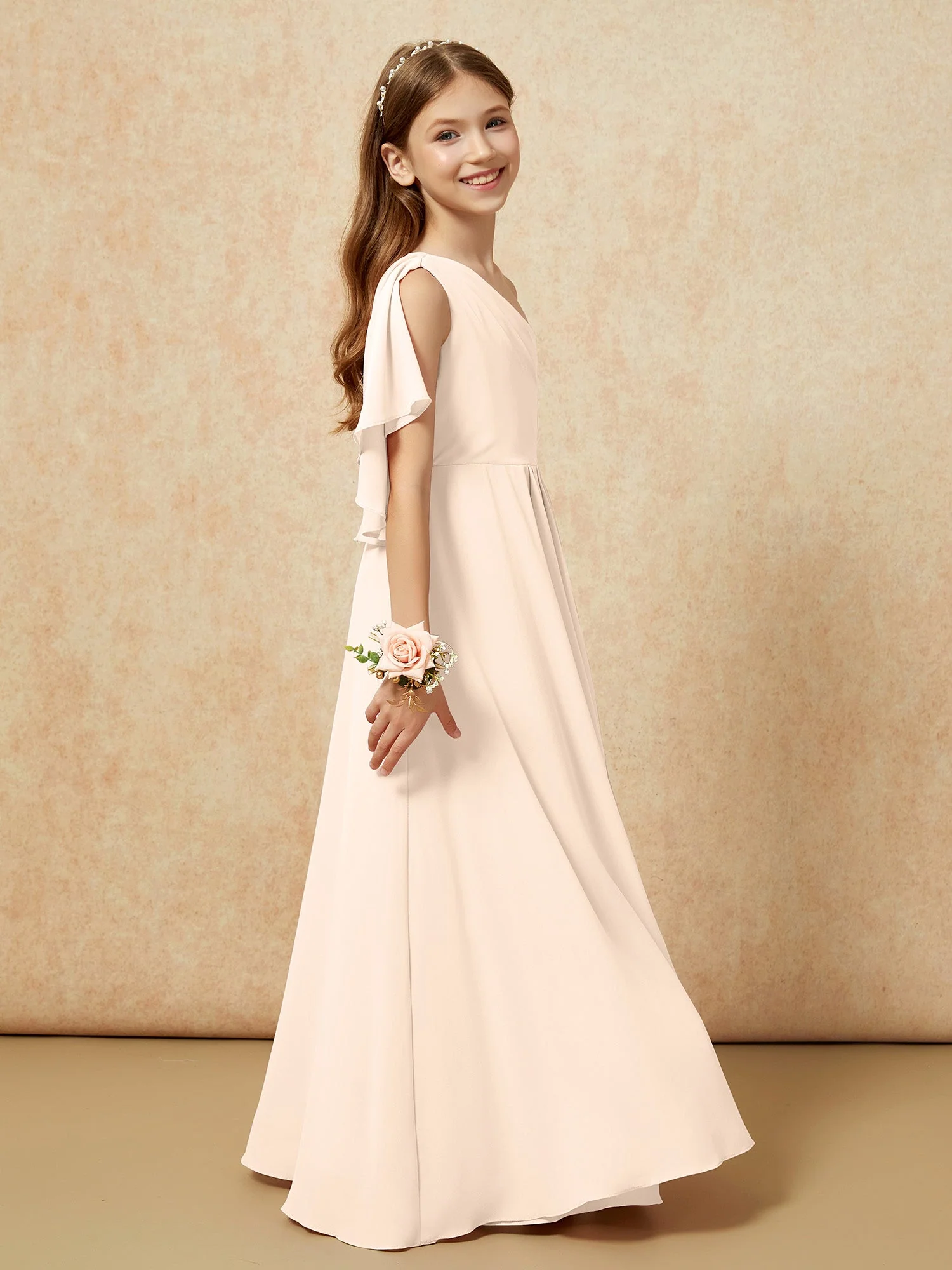 Eine Schulter A-Linie Lang Chiffon Junge Brautjungfernkleider Pfirsich - Image 2