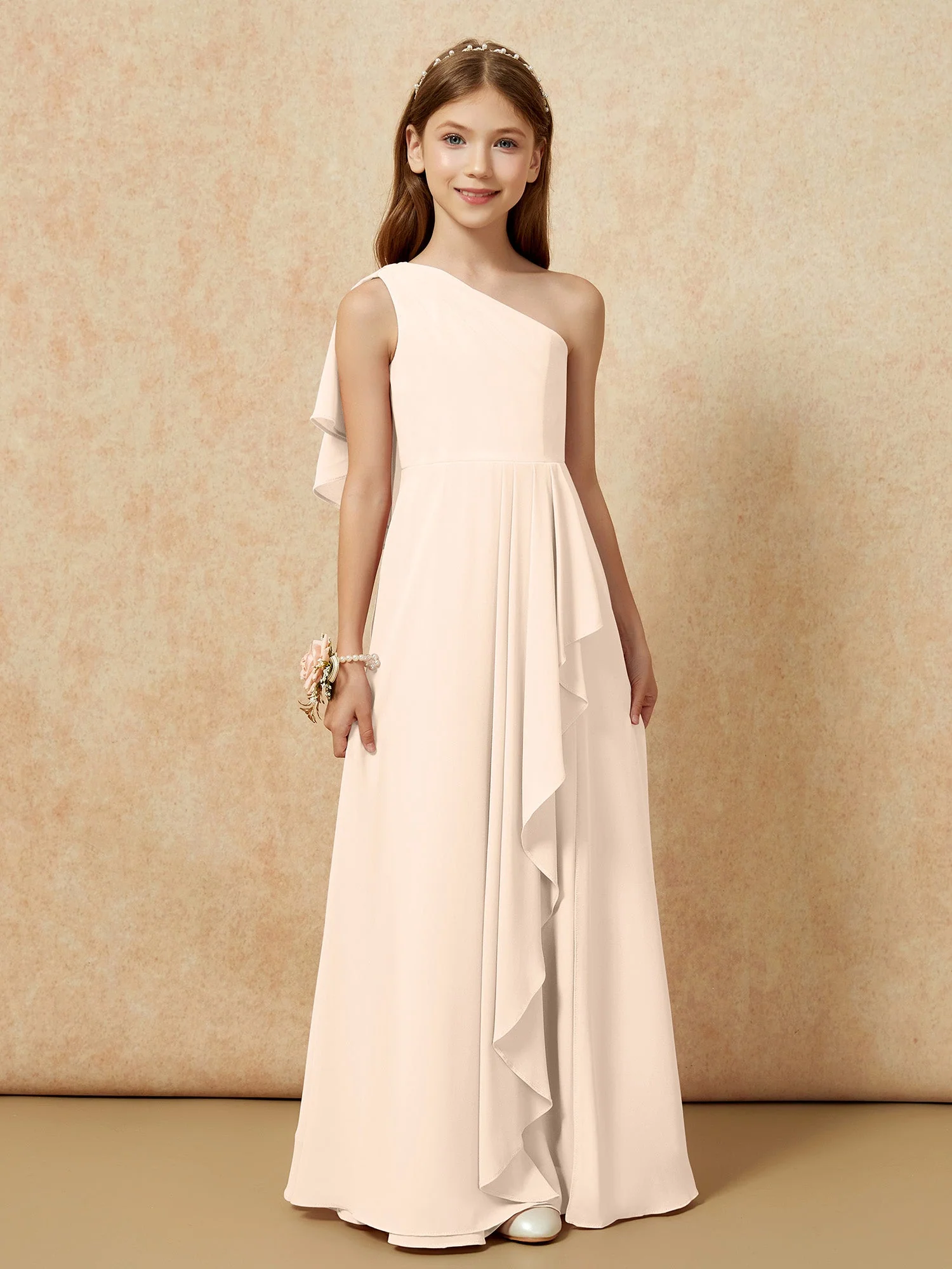 Eine Schulter A-Linie Lang Chiffon Junge Brautjungfernkleider Pfirsich - Image 4