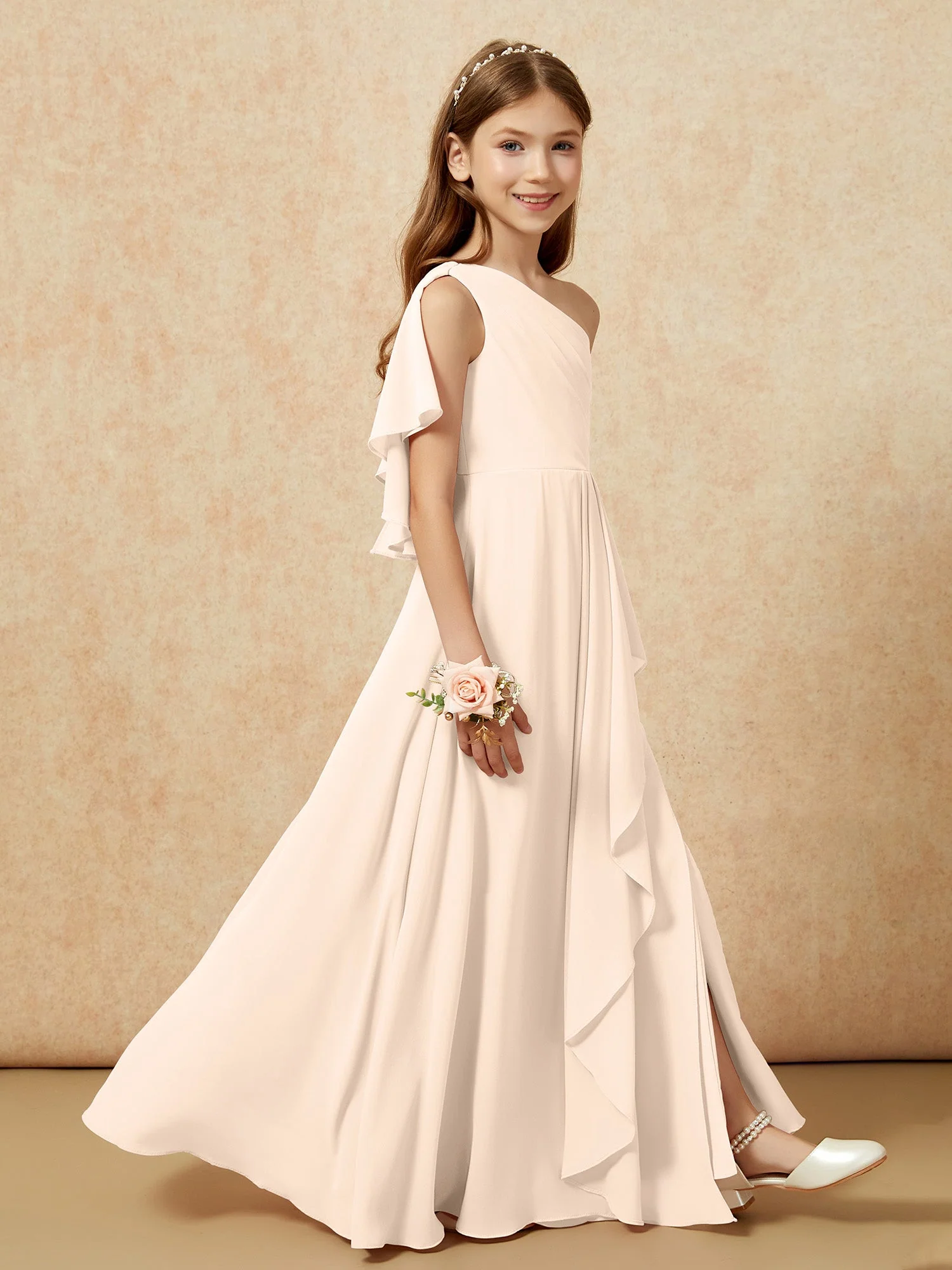 Eine Schulter A-Linie Lang Chiffon Junge Brautjungfernkleider Pfirsich - Image 6