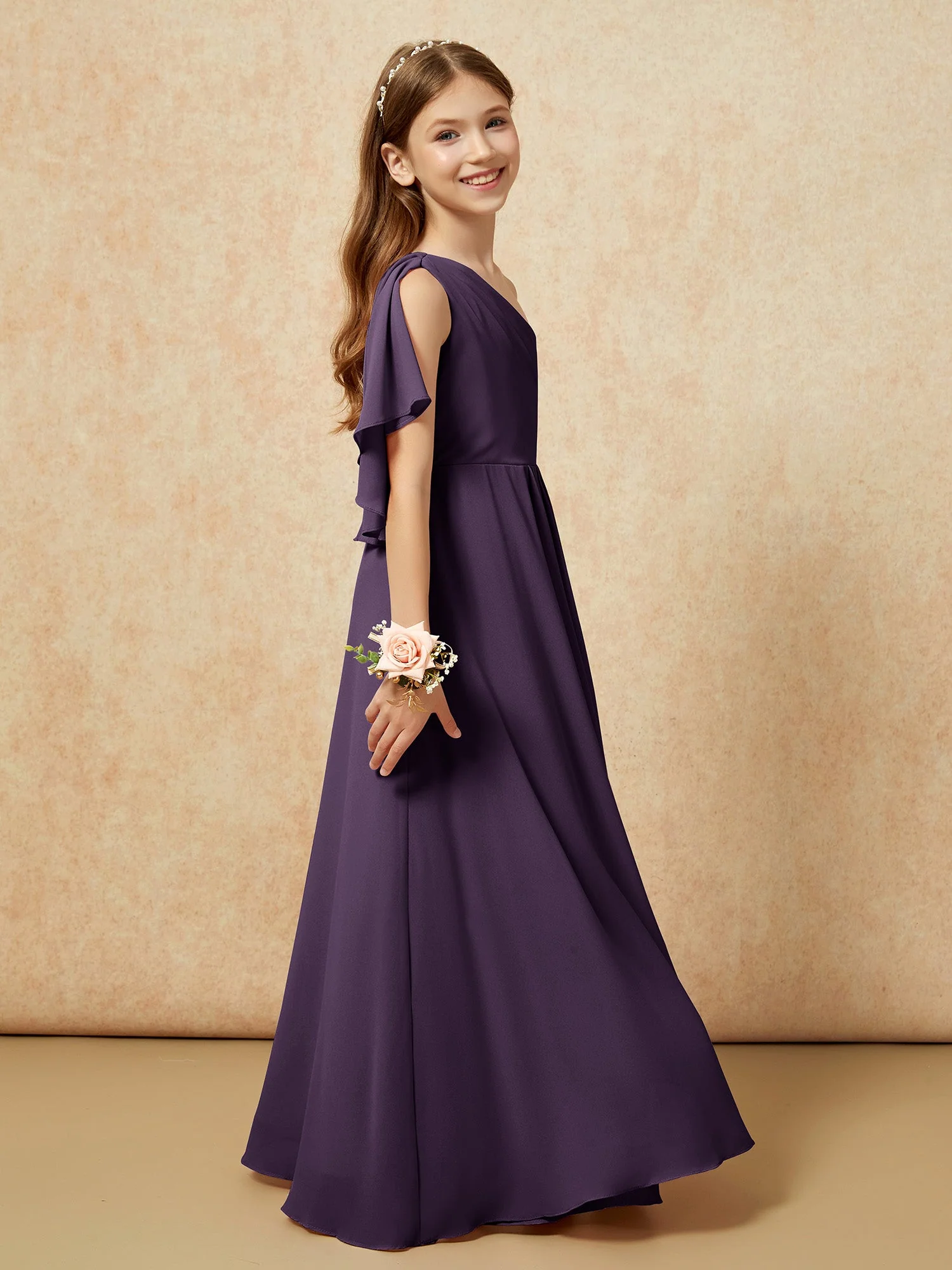 Eine Schulter A-Linie Lang Chiffon Junge Brautjungfernkleider Plum - Image 3