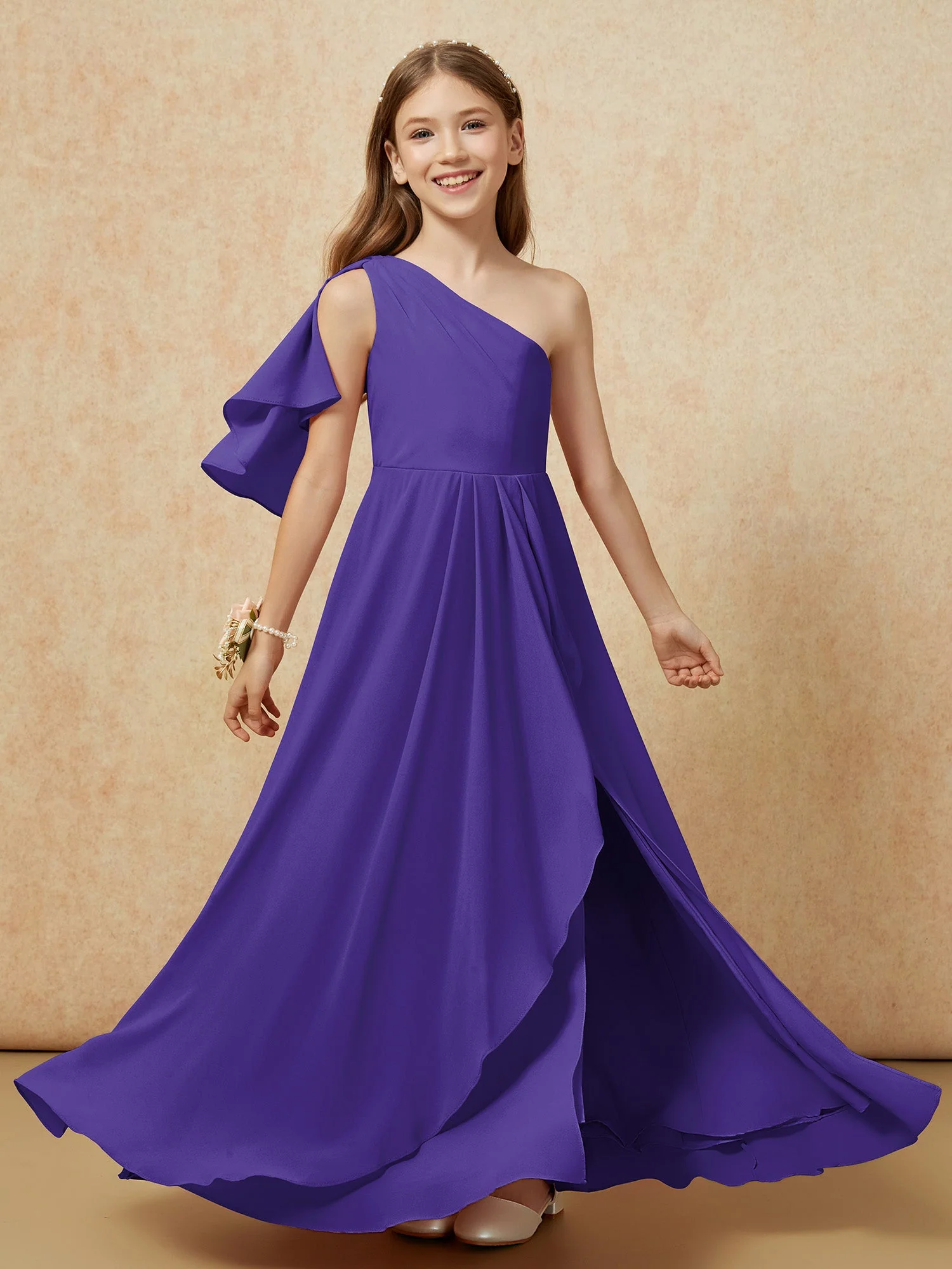 Eine Schulter A-Linie Lang Chiffon Junge Brautjungfernkleider Regentschaft