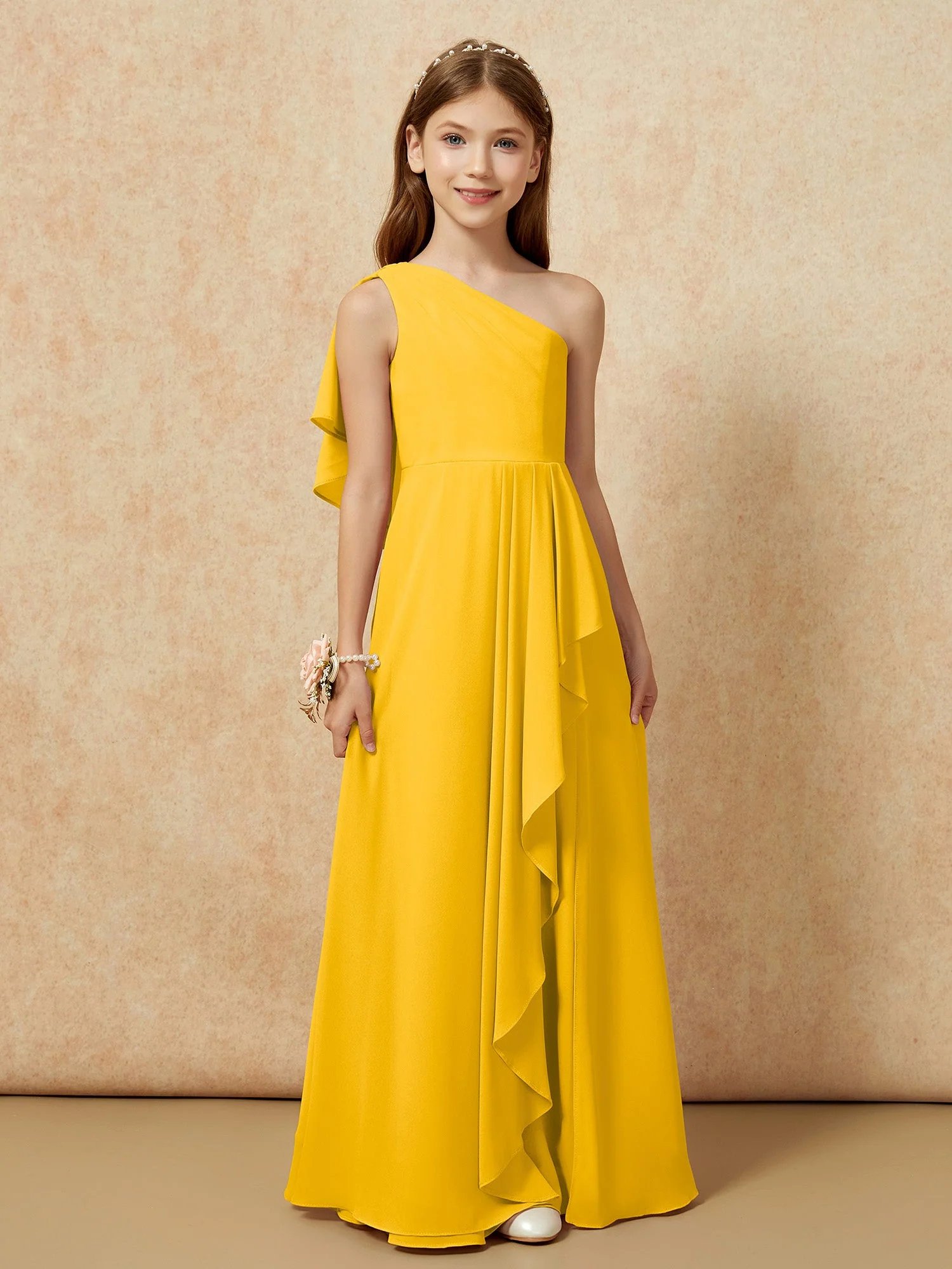 Eine Schulter A-Linie Lang Chiffon Junge Brautjungfernkleider Ringelblume - Image 4