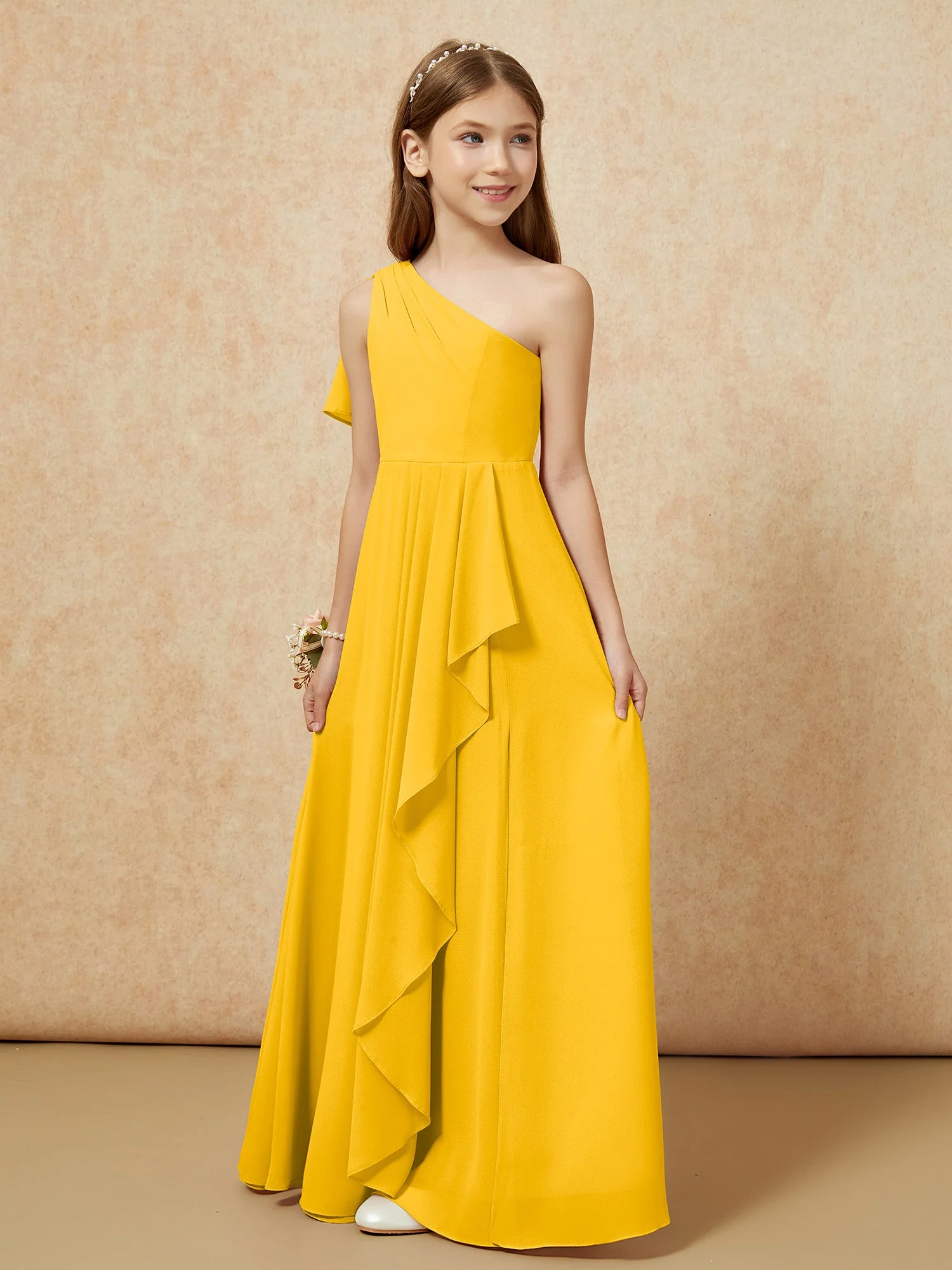 Eine Schulter A-Linie Lang Chiffon Junge Brautjungfernkleider Ringelblume - Image 5