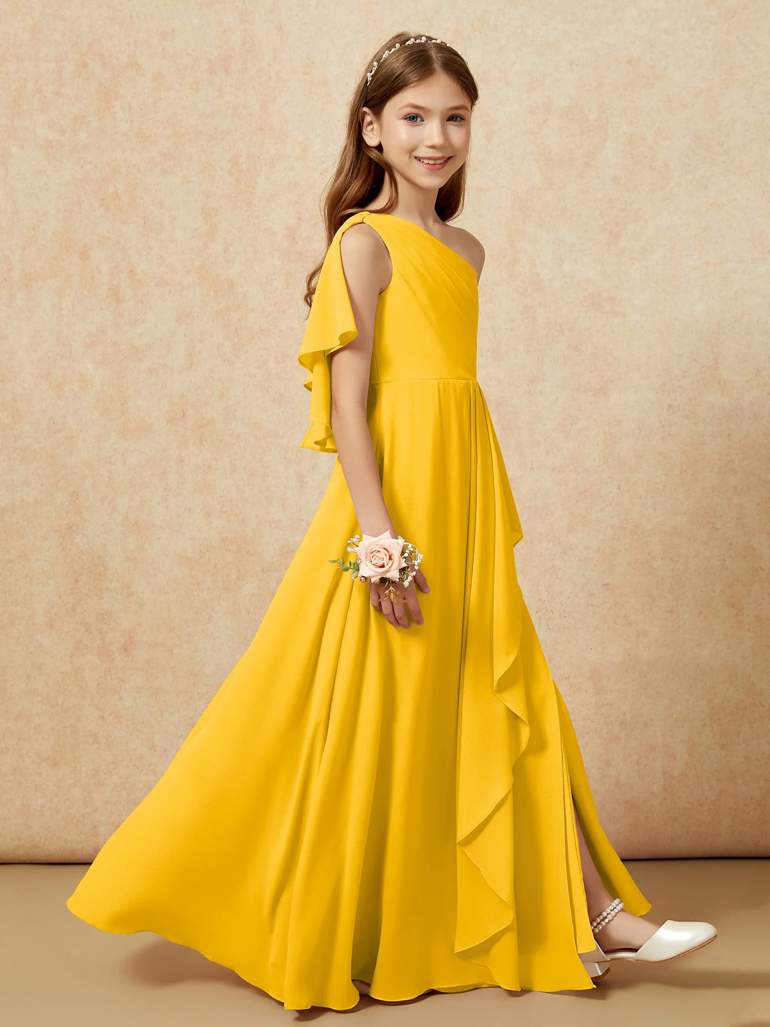 Eine Schulter A-Linie Lang Chiffon Junge Brautjungfernkleider Ringelblume - Image 6