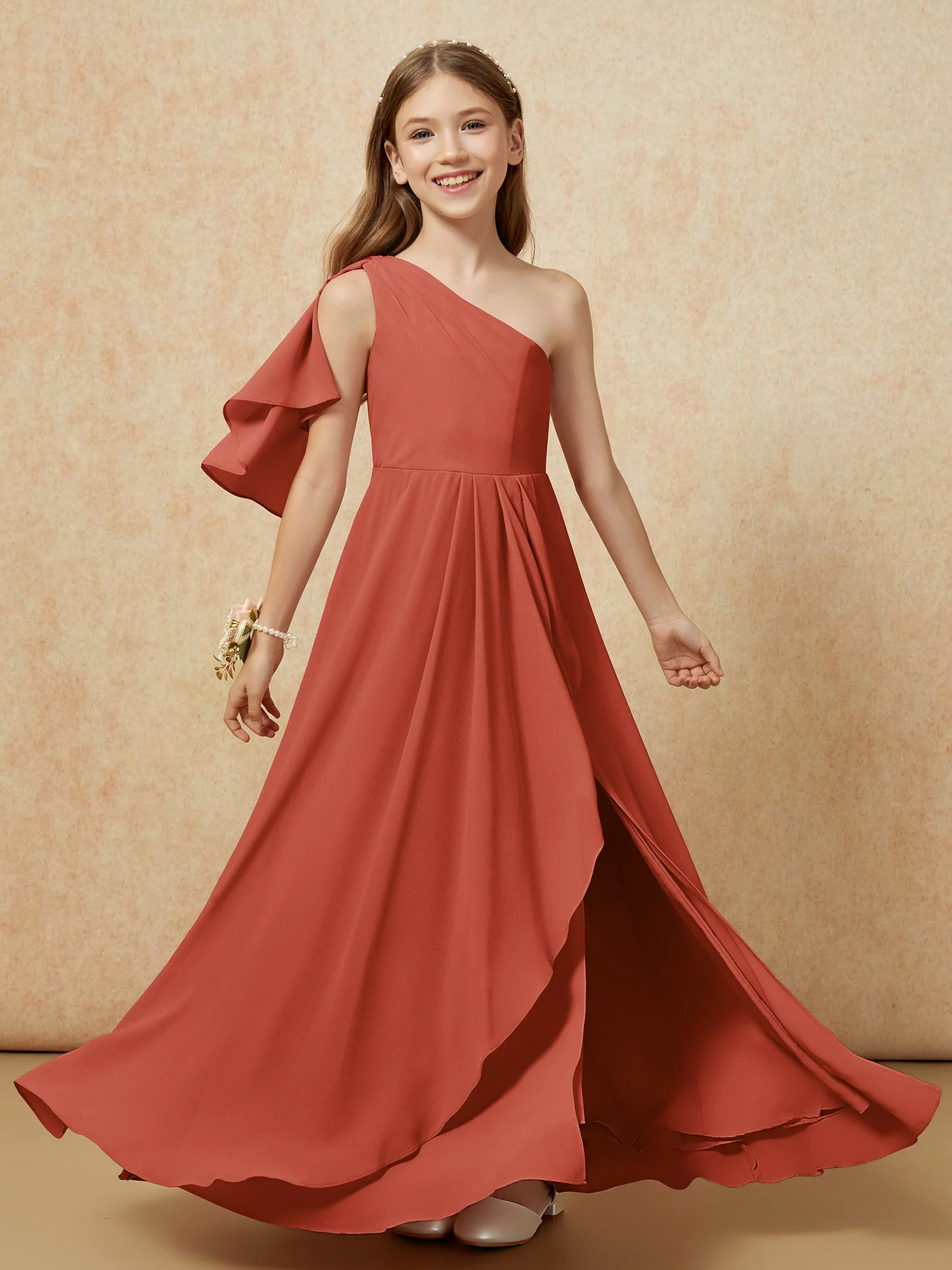 Eine Schulter A-Linie Lang Chiffon Junge Brautjungfernkleider Rost