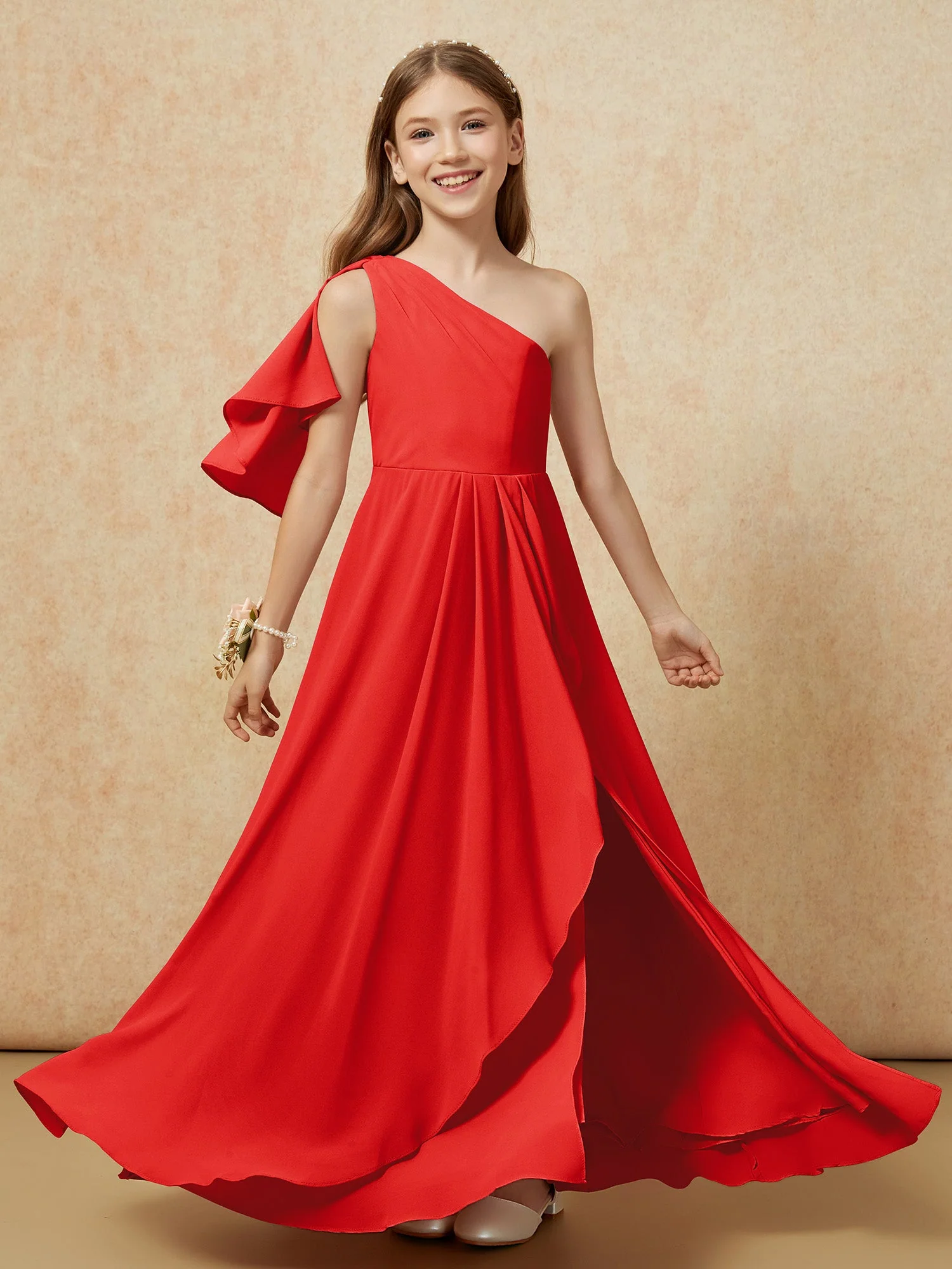 Eine Schulter A-Linie Lang Chiffon Junge Brautjungfernkleider Rot