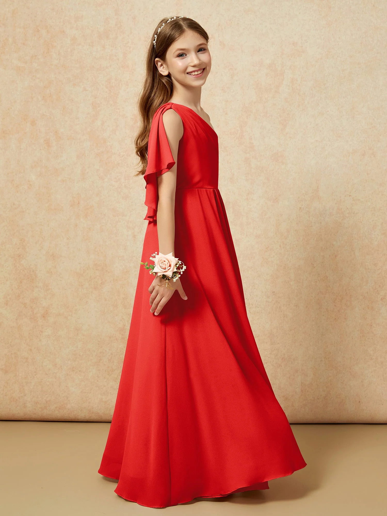 Eine Schulter A-Linie Lang Chiffon Junge Brautjungfernkleider Rot - Image 2